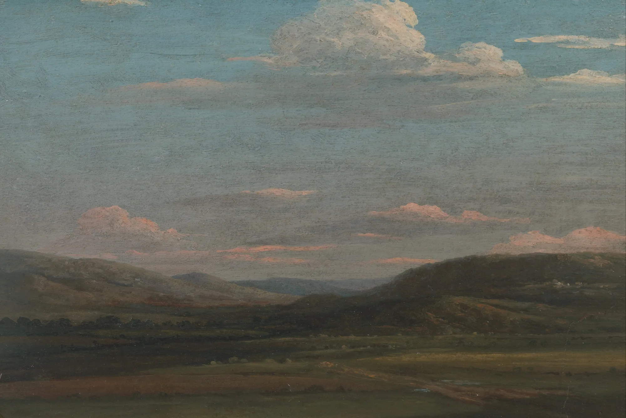 The Vale of Pencerrig The Vale of Pencerrig by Thomas Jones. A soft landscape painting of a rolling valley under an expansive twilight sky with pinkish clouds.