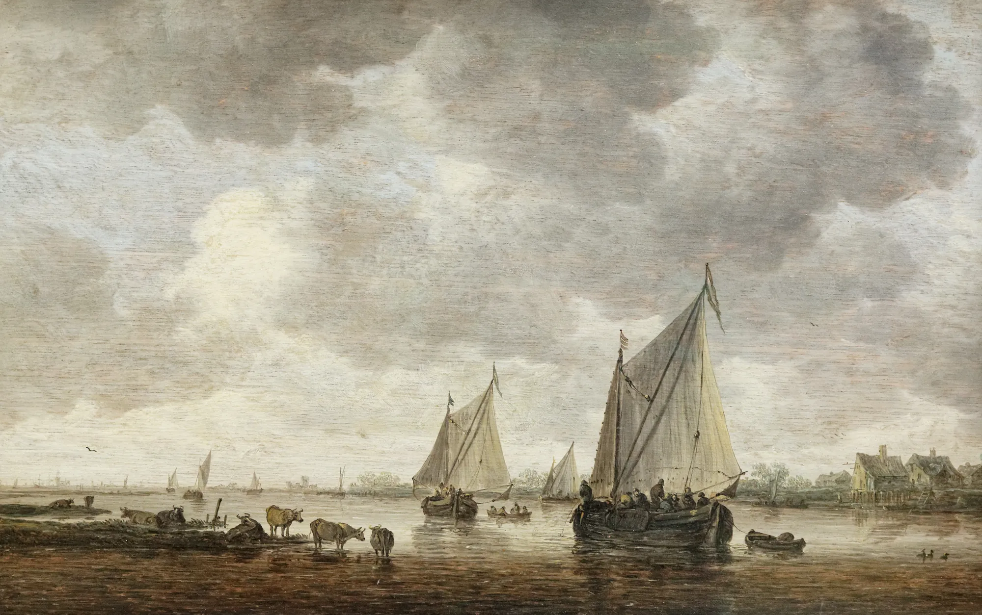 Two Sailboats on a River with Cattle on the Riverbank