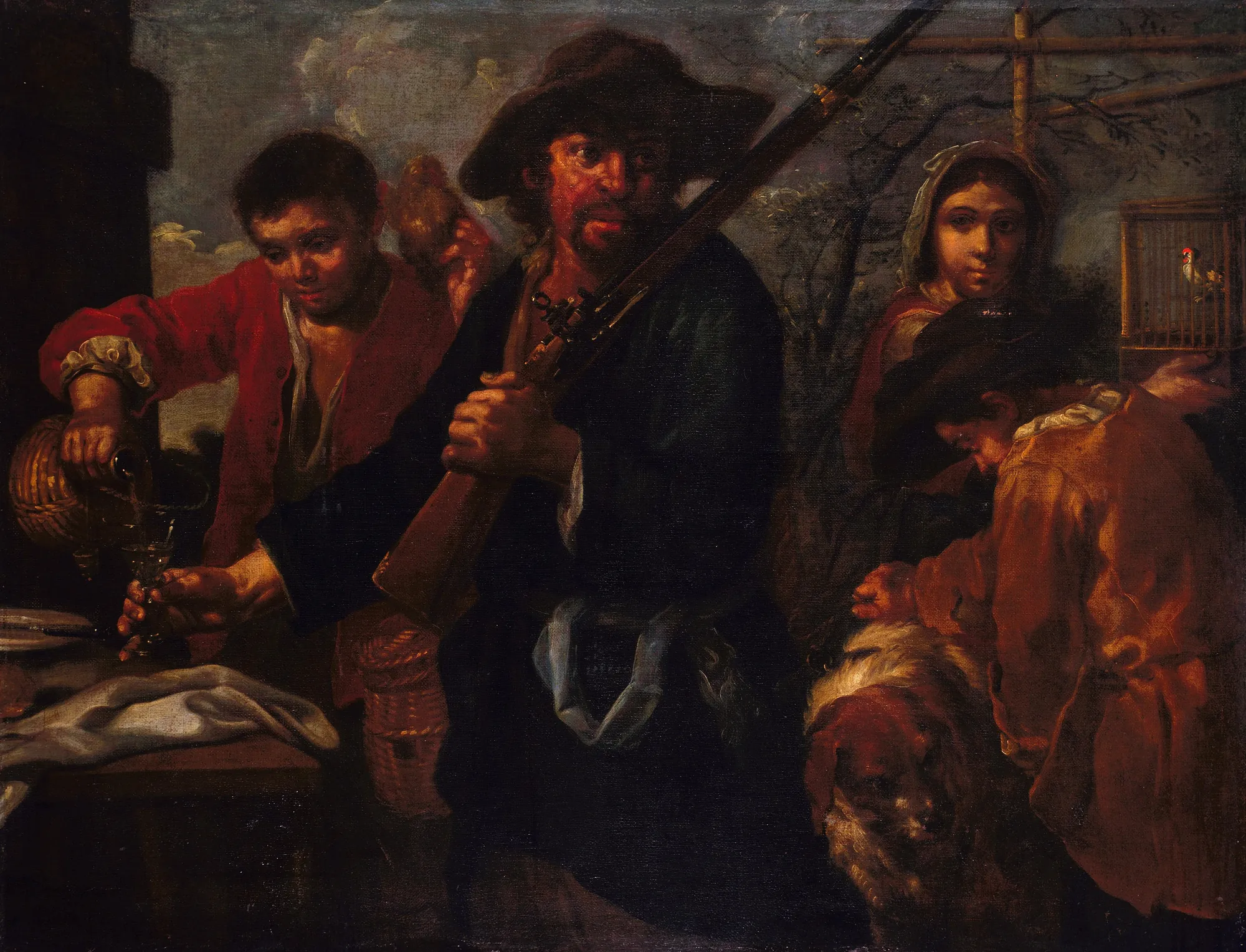 Huntsman's Return Huntsman's Return by Bernhard Keil. A central huntsman with a rifle over his shoulder returns to his companions, while a figure on the left pours a drink and a child with a dog looks on.