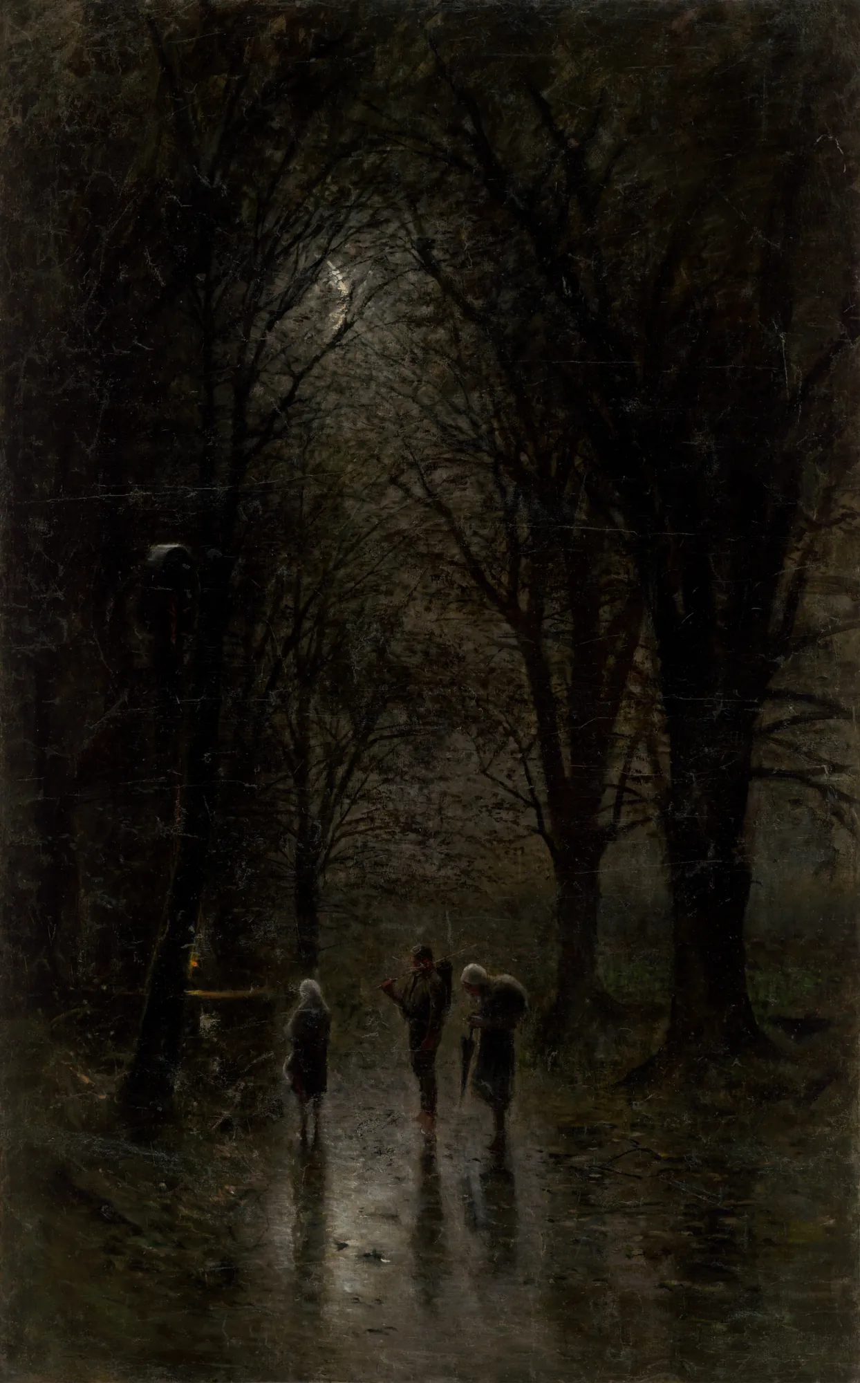 Night Travellers at a Cross Night Travellers at a Cross by László Mednyánszky. Three figures stand on a wet, reflecting path beneath towering, dark trees under a sliver of moonlight.