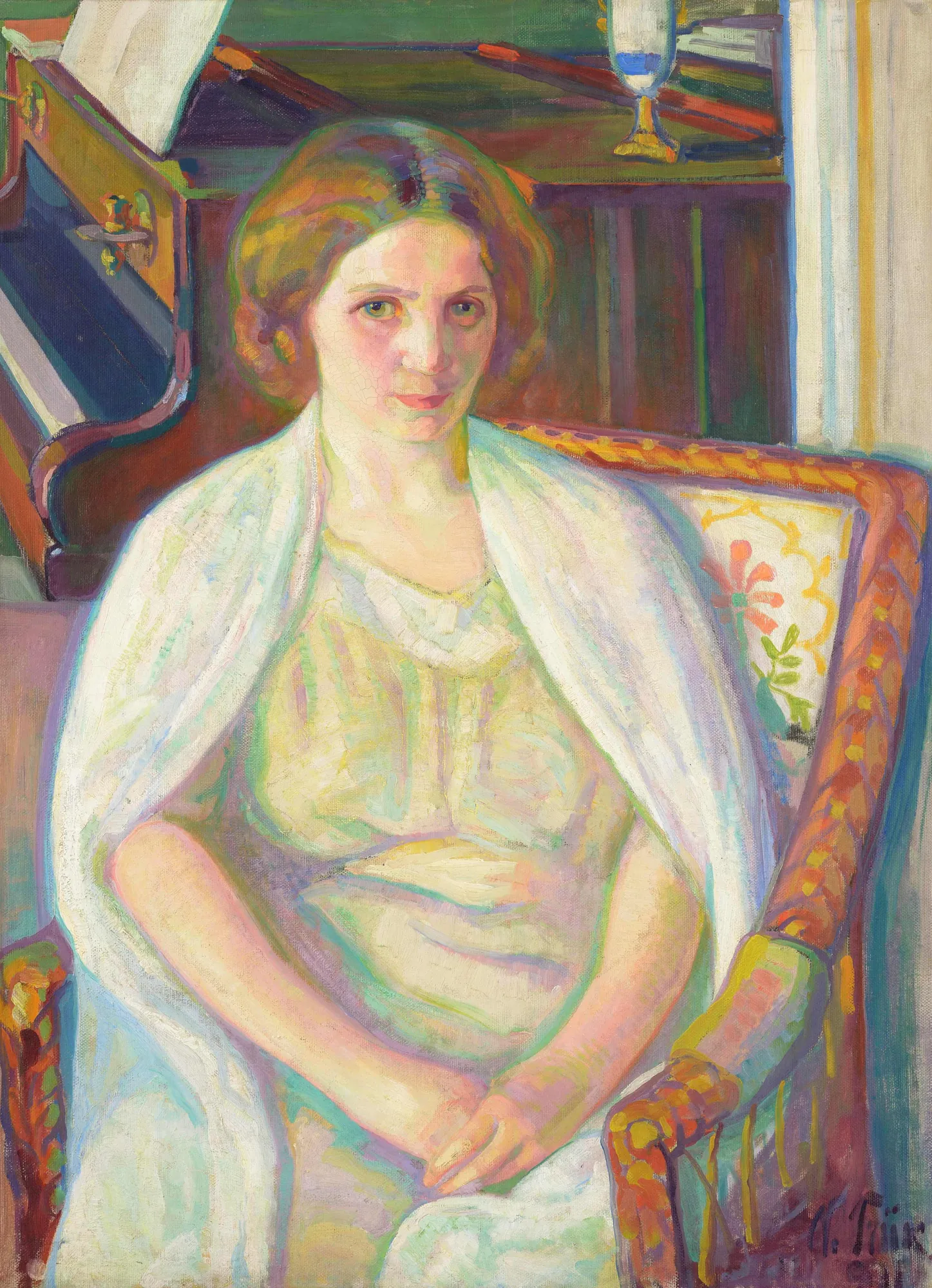 Portrait of Alviina Hyllestedt Portrait of Alviina Hyllestedt by Nikolai Triik. An expressive portrait of a seated woman in a light-colored dress and shawl, set against a background featuring a piano.