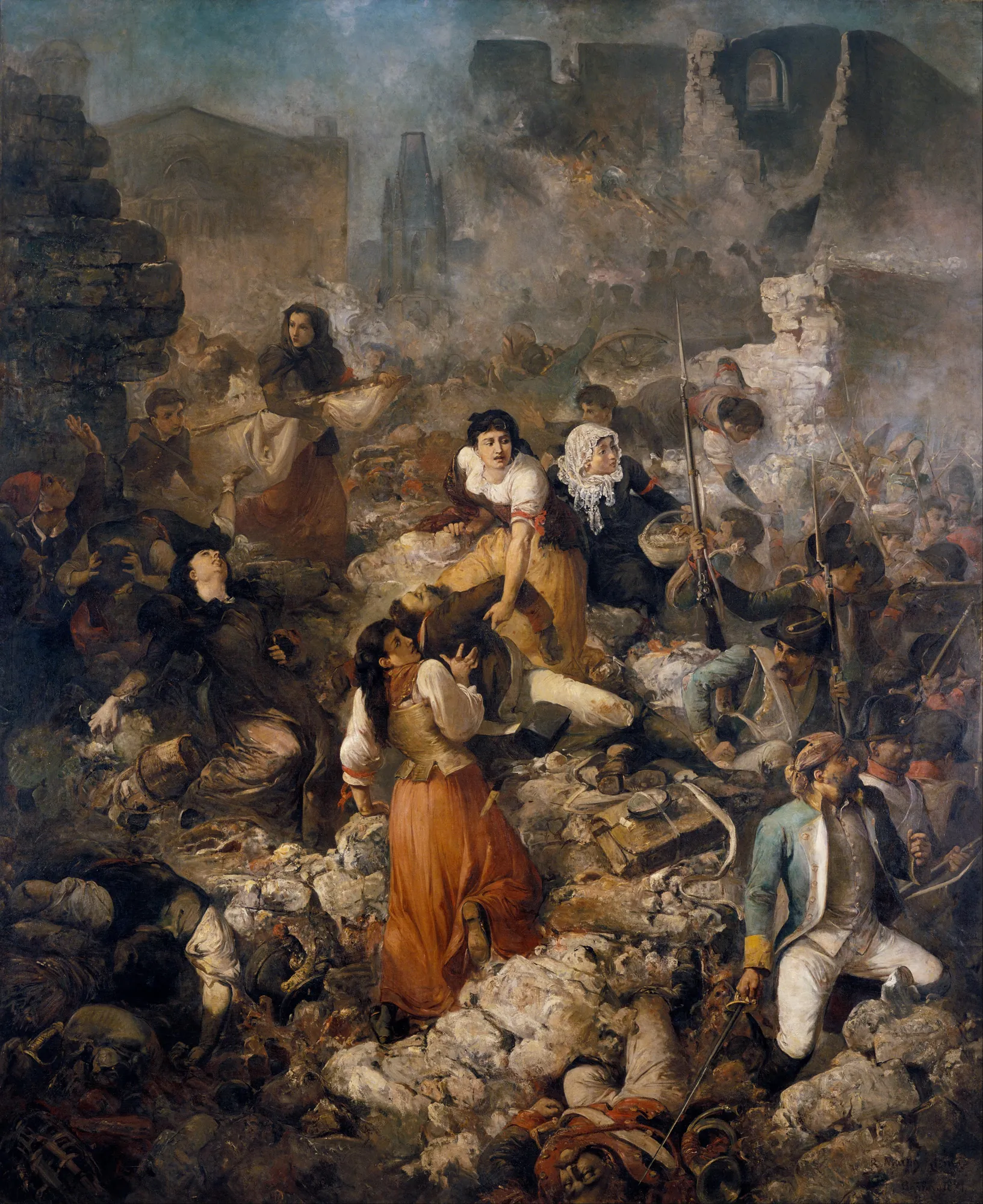 The Company of Saint Barbara The Company of Saint Barbara by Ramon Martí Alsina. A dynamic historical scene depicting several women assisting wounded soldiers amidst smoking ruins and the debris of a battlefield.