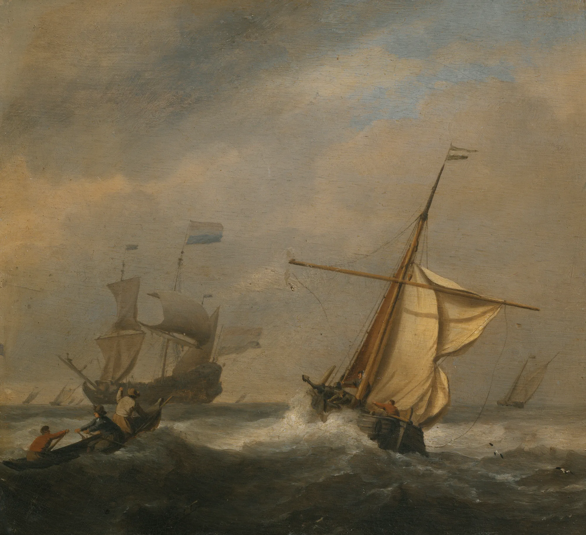 Fishing Boats in a Gale Fishing Boats in a Gale by Willem van de Velde the Younger. Several sailing vessels navigate choppy, dark seas under an expansive, overcast sky.