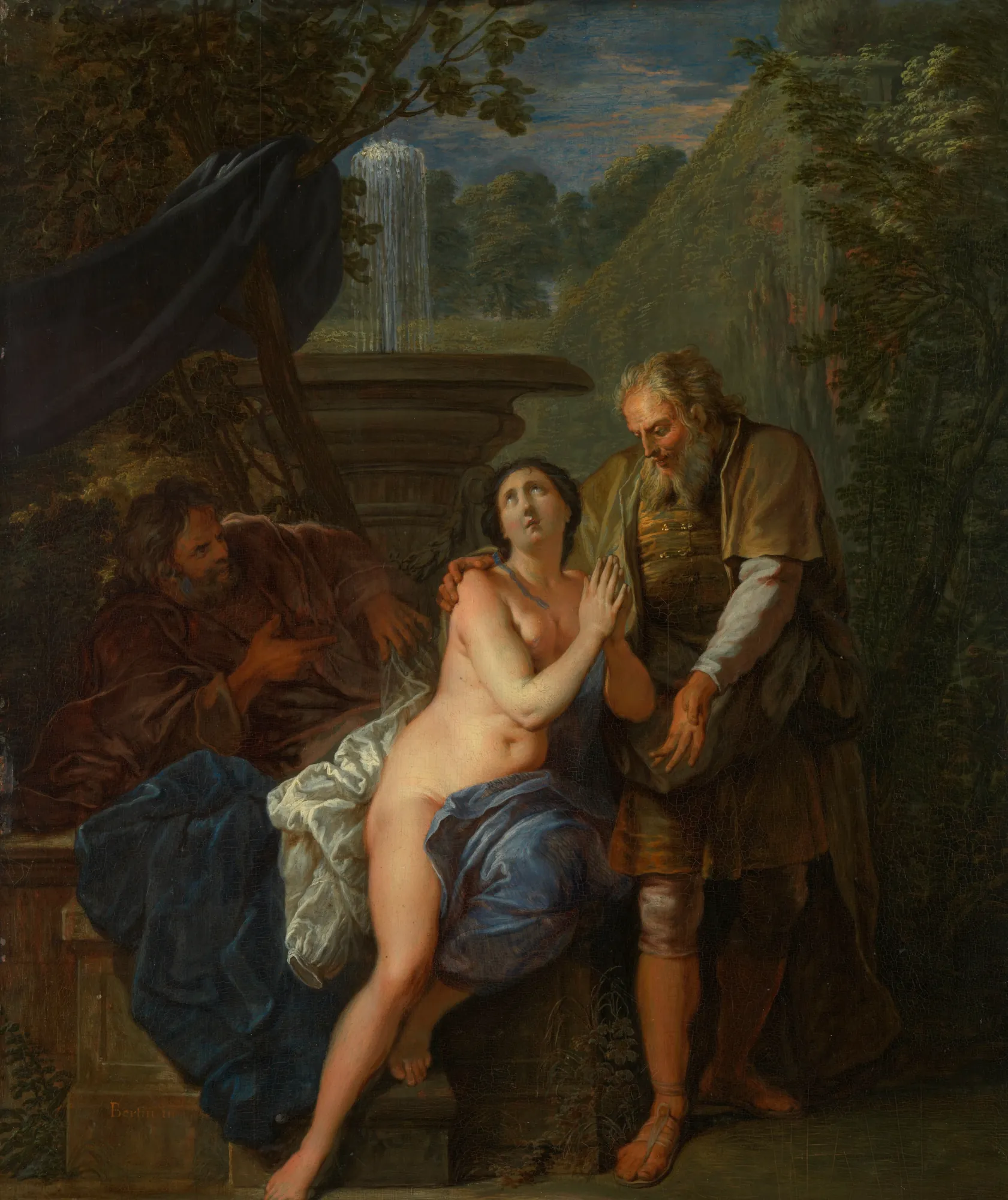 Susanna and the Elders Susanna and the Elders by Nicolas Bertin. A pale nude woman sits by a stone fountain while two older men lean toward her in a lush, darkened garden at twilight.