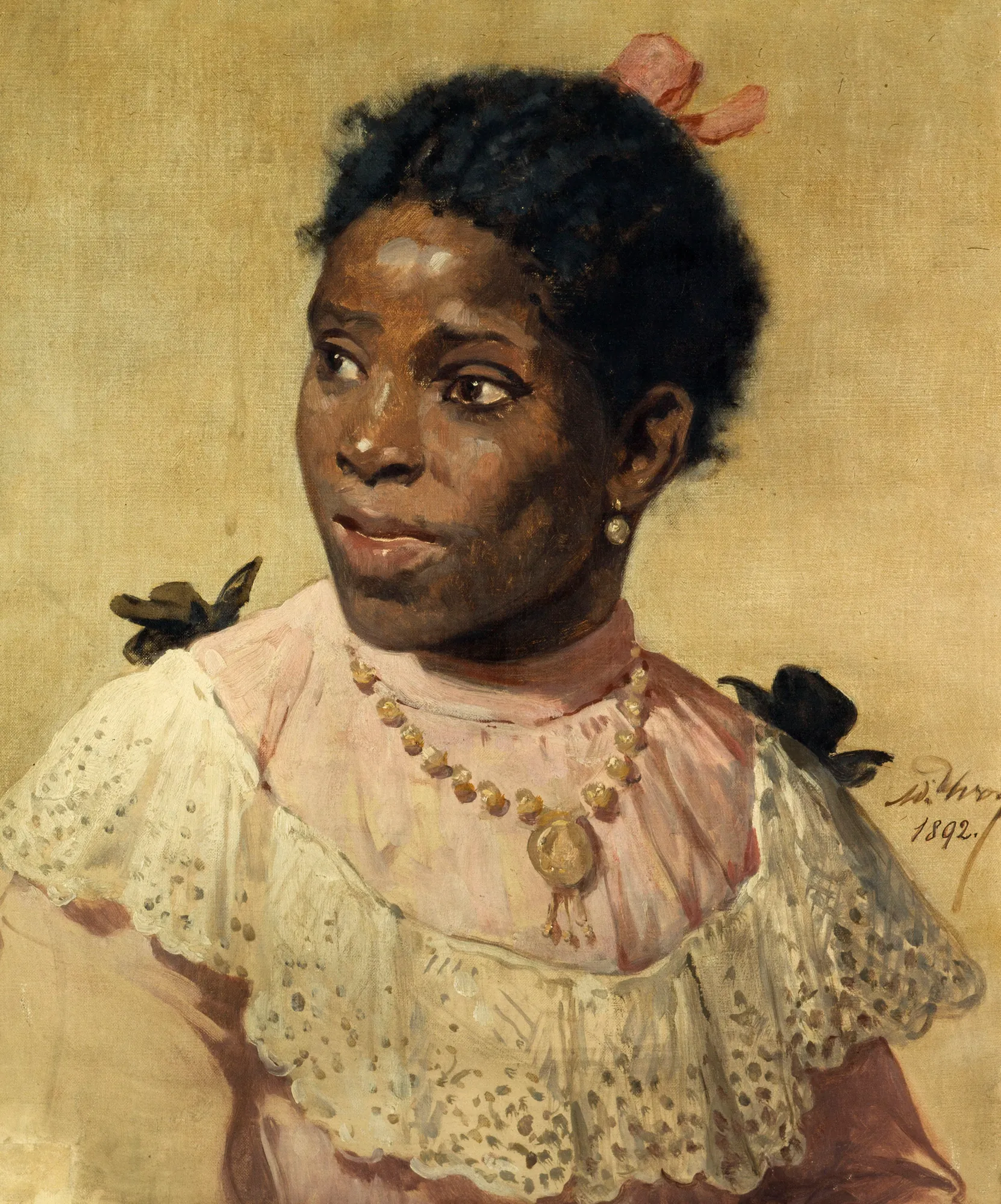 Mademoiselle S'Nabou Mademoiselle S'Nabou by Adolphe Yvon. A portrait of a young Black woman in a pink dress with a white lace collar and a gold medallion necklace.