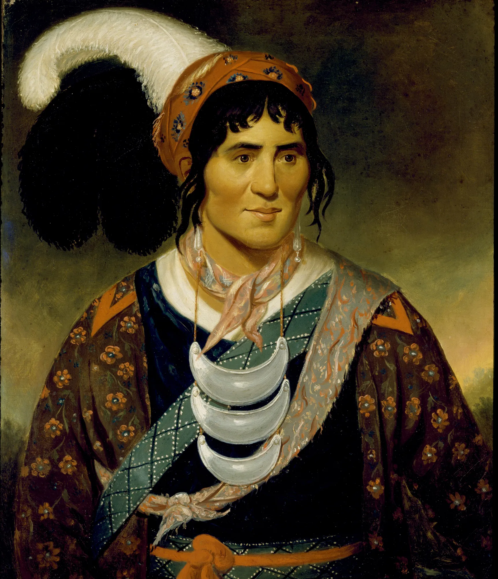 Osceola Osceola by Robert John Curtis. A formal portrait of Osceola, a Seminole leader, wearing a feathered turban, silver gorgets, and a floral patterned robe against a dark, atmospheric background.