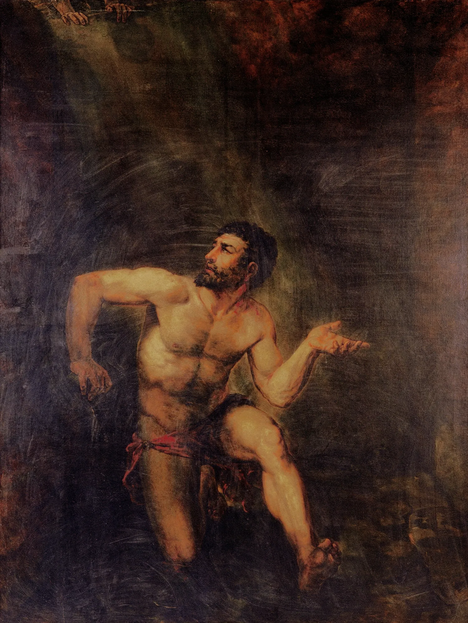 Jugurtha Jugurtha by Augusto Müller. A muscular, bearded man kneels in a dark, cavernous space, gazing upward toward a shaft of light.