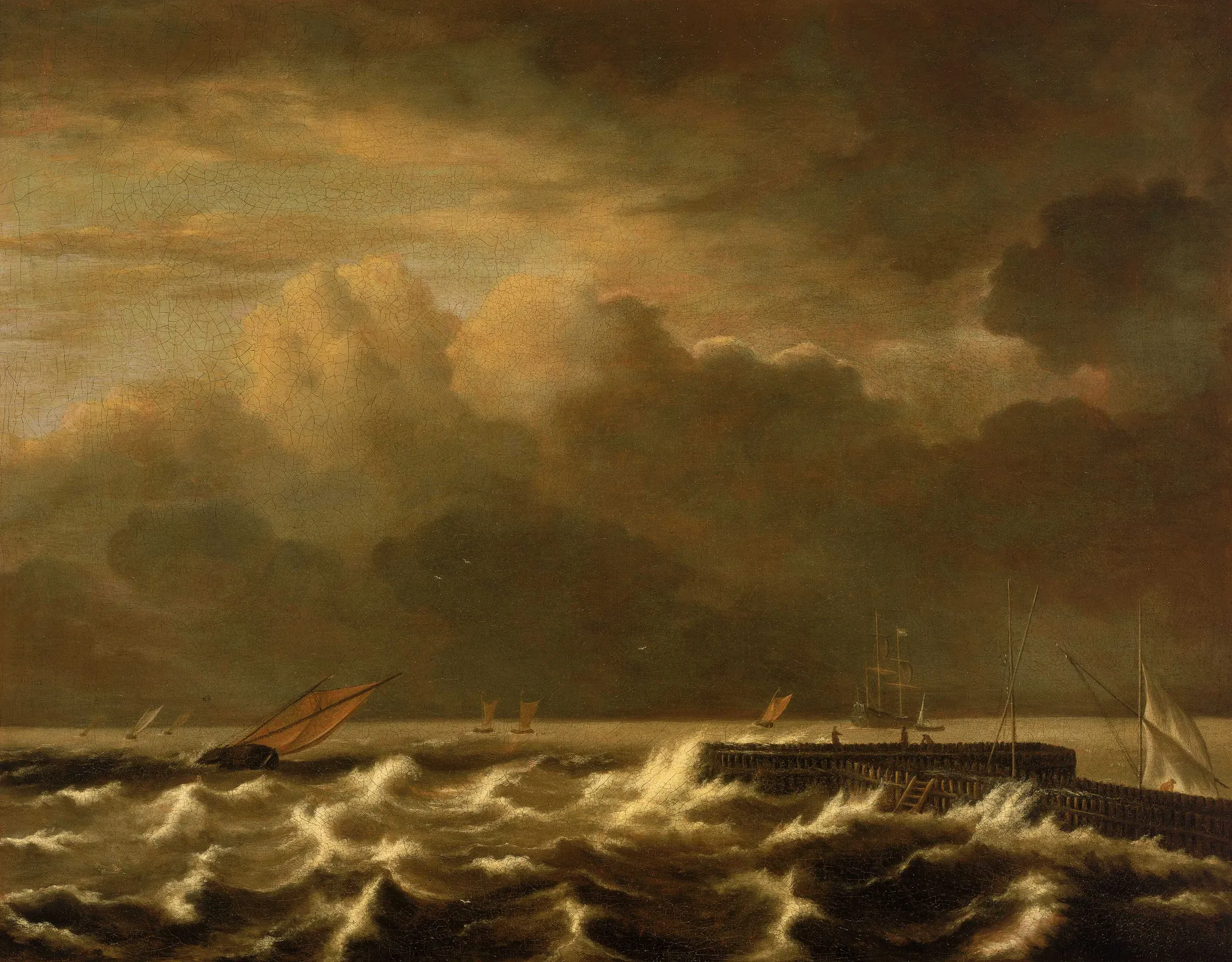 Rough Seas Breaking Over a Jetty Rough Seas Breaking Over a Jetty by Jacob van Ruisdael. A turbulent seascape depicting powerful waves crashing into a wooden pier under a heavy, dramatic sky.