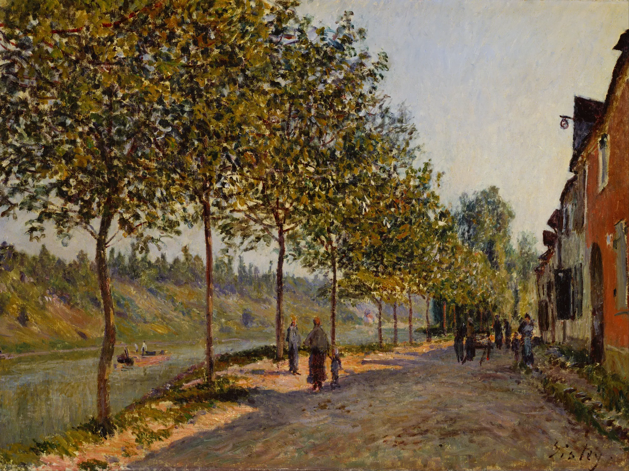 June Morning in Saint-Mammès June Morning in Saint-Mammès by Alfred Sisley. An Impressionist landscape depicting a tree-lined path alongside a river with figures strolling on a sunny morning.