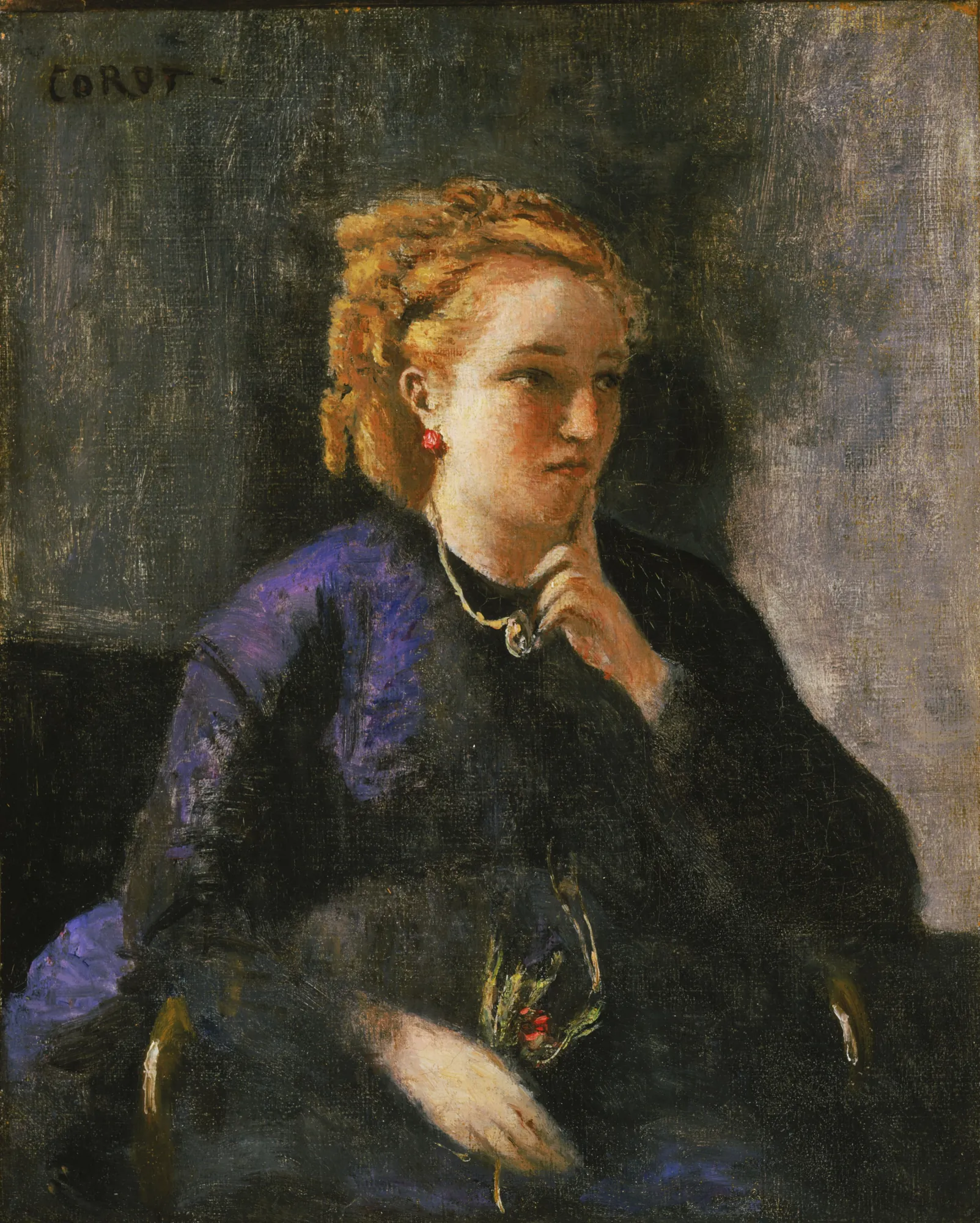 Portrait of a Woman Portrait of a Woman by Jean-Baptiste Camille Corot. A contemplative portrait of a woman with reddish-gold hair in a dark blue and black dress against a deep, atmospheric background.