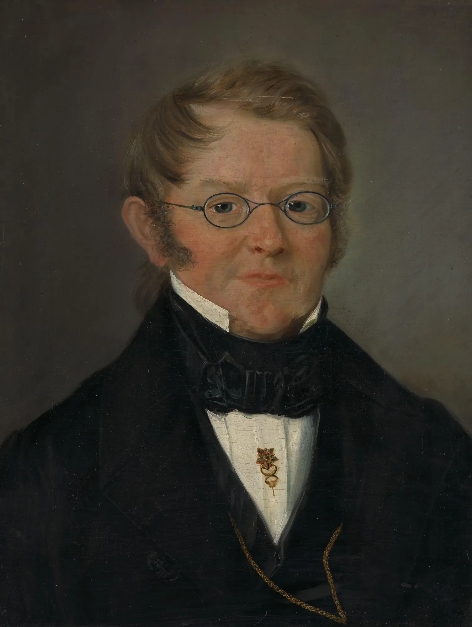 Portrait of Jens C. Delphin Portrait of Jens C. Delphin by Mathias Stoltenberg. A formal half-length portrait of a middle-aged man with spectacles, wearing a high-collared white shirt, black cravat, and dark coat against a neutral dark background.