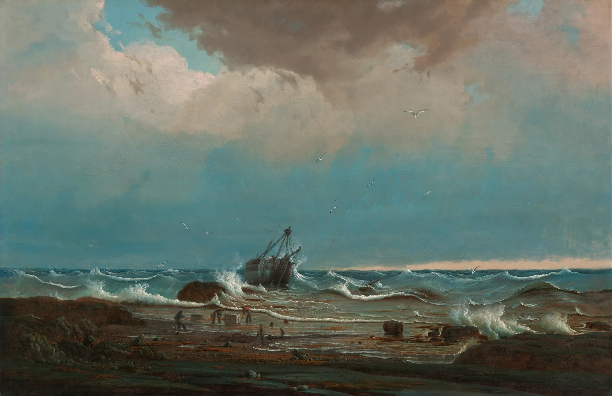 The Wreck of 'George the Third' The Wreck of 'George the Third' by Knud Bull. A battered wooden ship founders in churning waves near a rocky shoreline under a vast, cloud-swept sky.