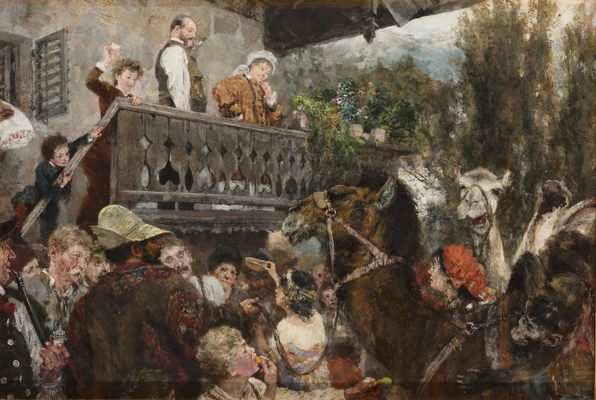 The Wandering Circus (Camel Drivers in Partenkirchen) The Wandering Circus (Camel Drivers in Partenkirchen) by Adolph von Menzel. A bustling street scene in a Bavarian village where residents on a wooden balcony observe a circus procession featuring camels and a monkey.