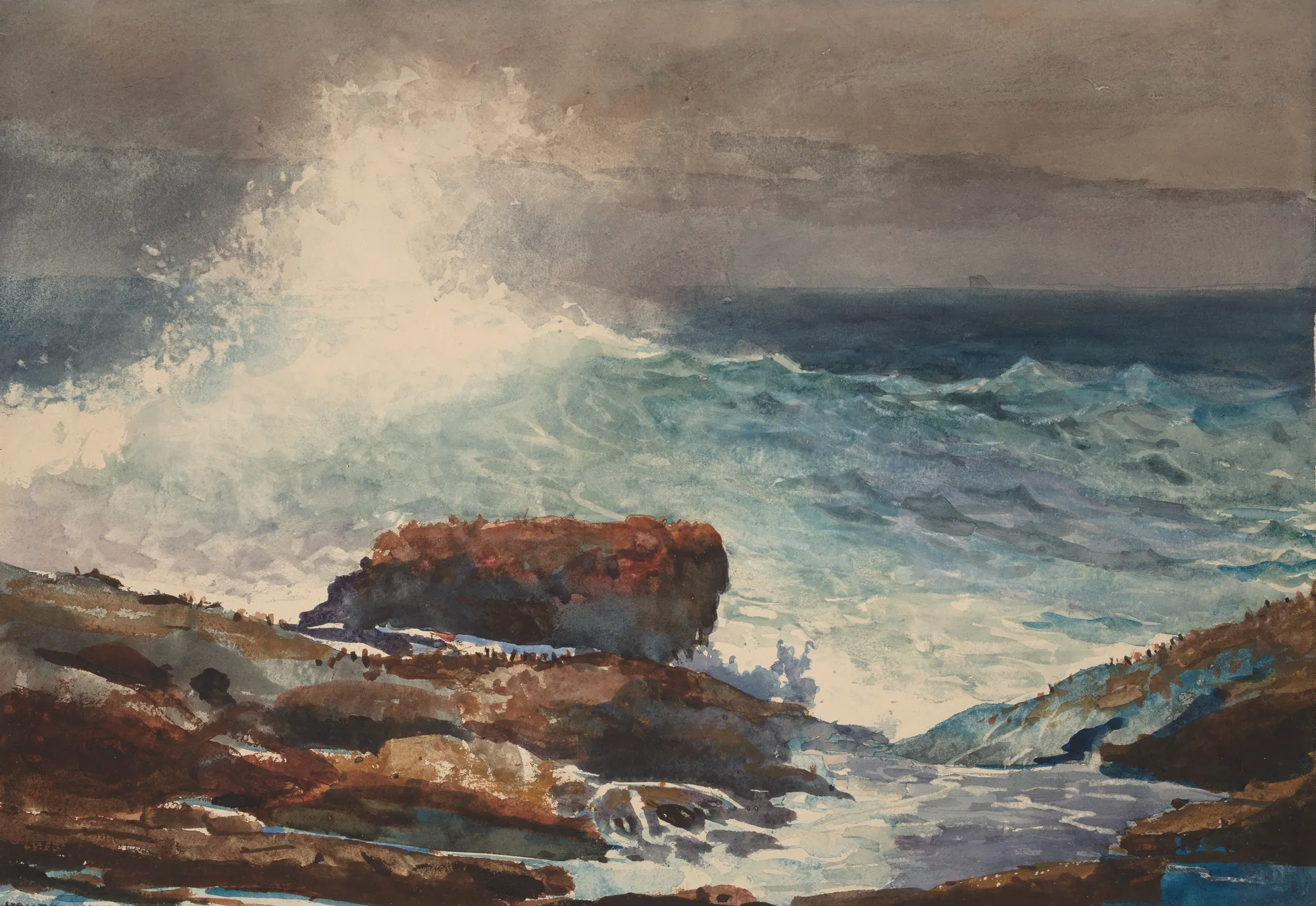 Incoming Tide, Scarboro, Maine Incoming Tide, Scarboro, Maine by Winslow Homer. A large white-capped wave crashes violently against dark rocks along a coastline under a grey, atmospheric sky.
