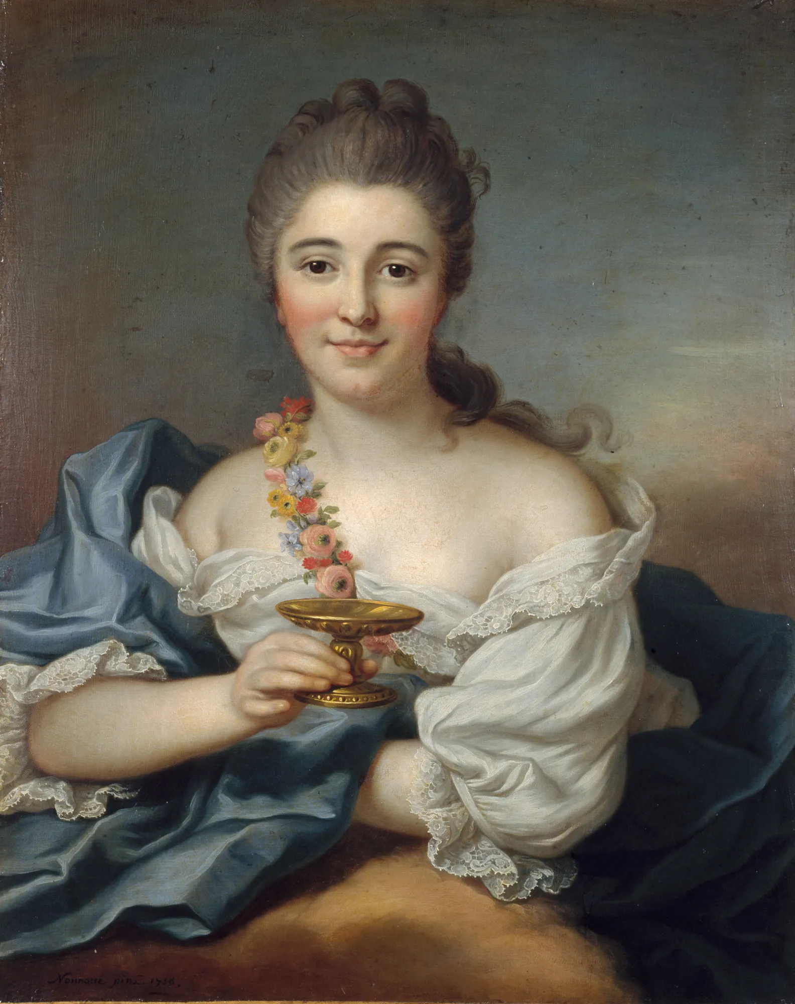 Madame de Sevré as Hebe Madame de Sevré as Hebe by Donat Nonnotte. A mid-18th-century half-length portrait of a woman in a blue and white gown holding a golden chalice and adorned with a flower garland.