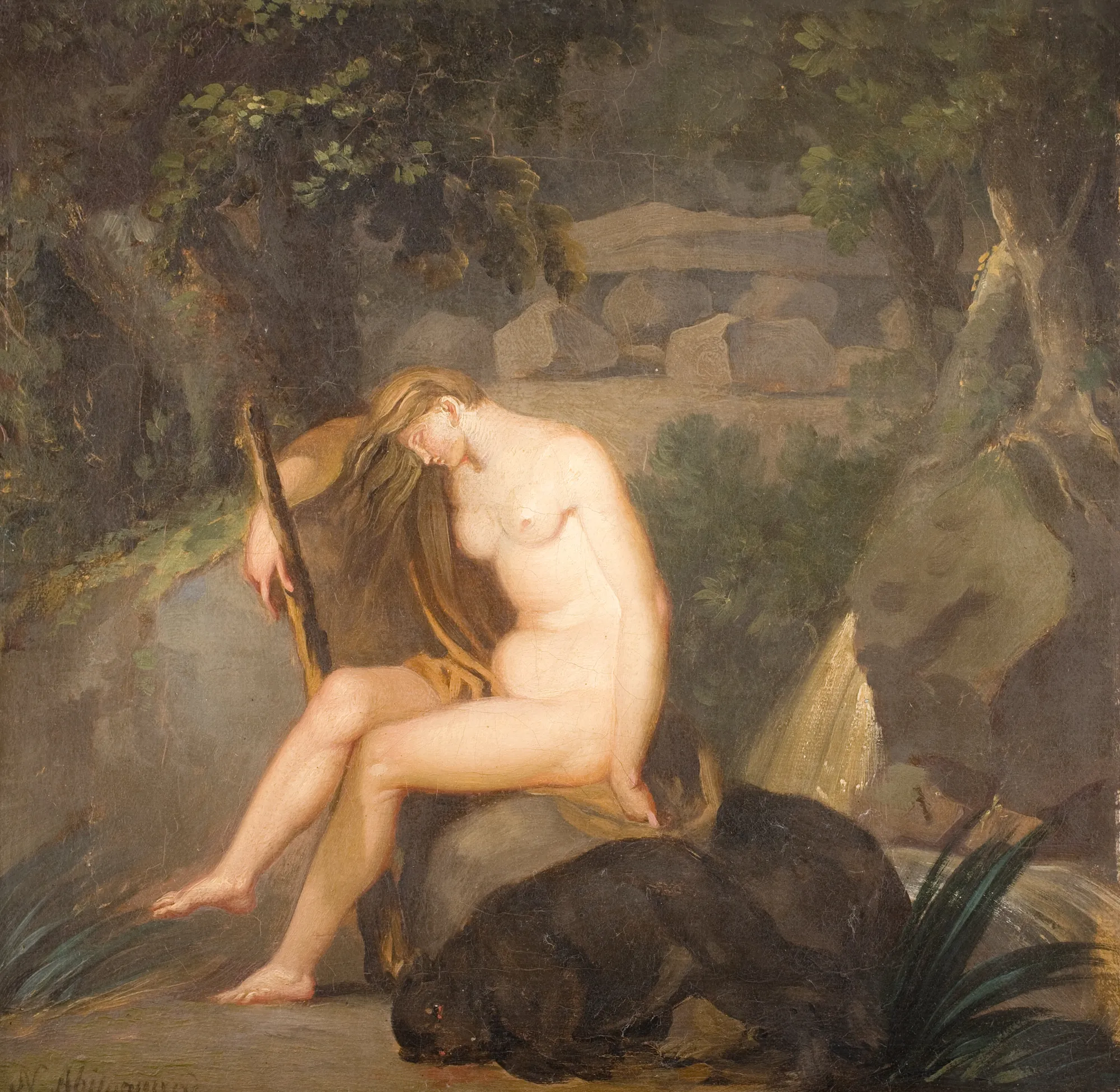 Nature Untamed Nature Untamed by Nicolai Abildgaard. A neoclassical oil painting featuring a seated nude woman in a dark, atmospheric forest setting with a large dark animal at her feet.
