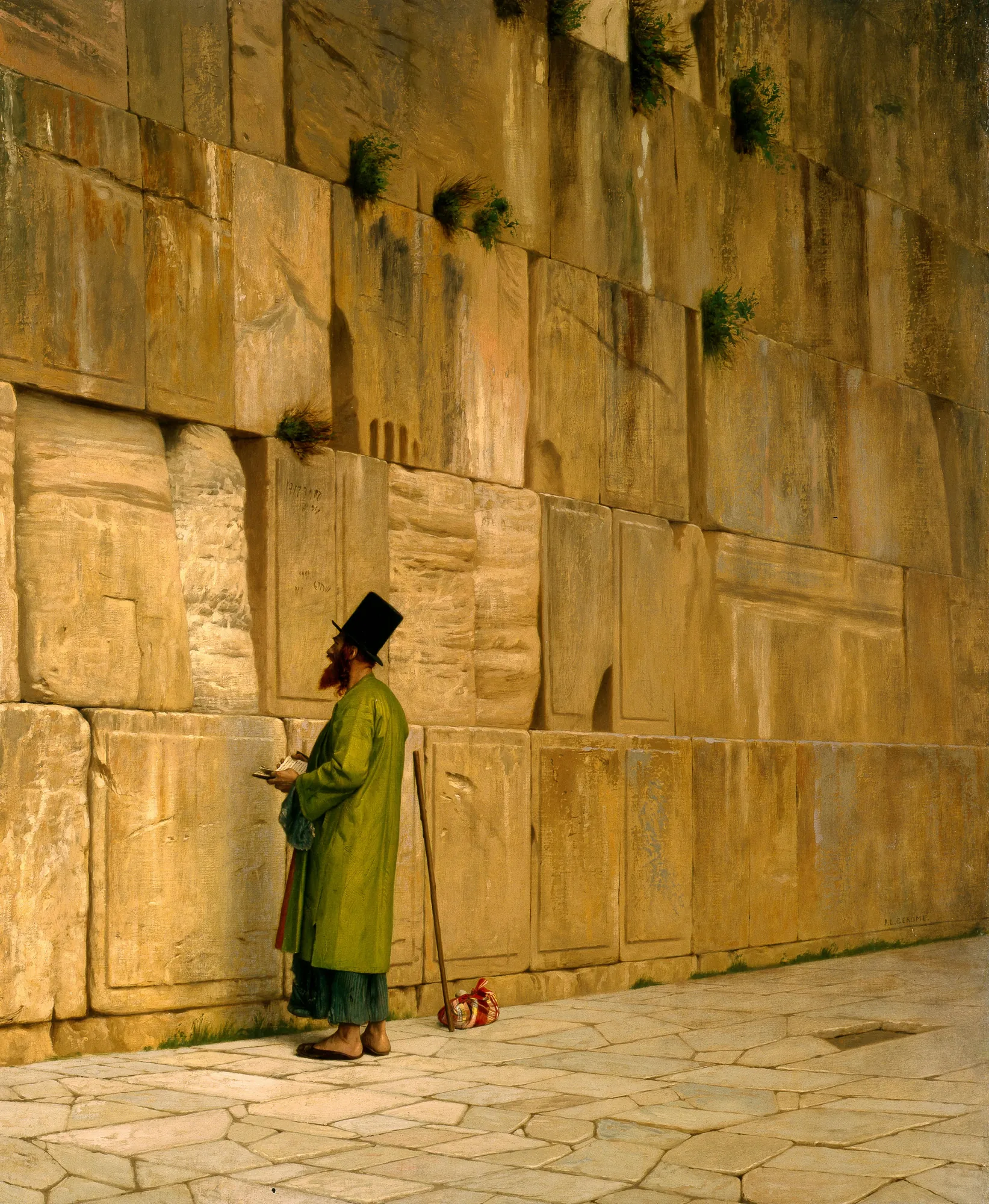 The Wailing Wall The Wailing Wall by Jean-Léon Gérôme. A man dressed in a vibrant green robe and tall black hat stands in solitary prayer against the massive, ancient stone blocks of the Western Wall in Jerusalem.