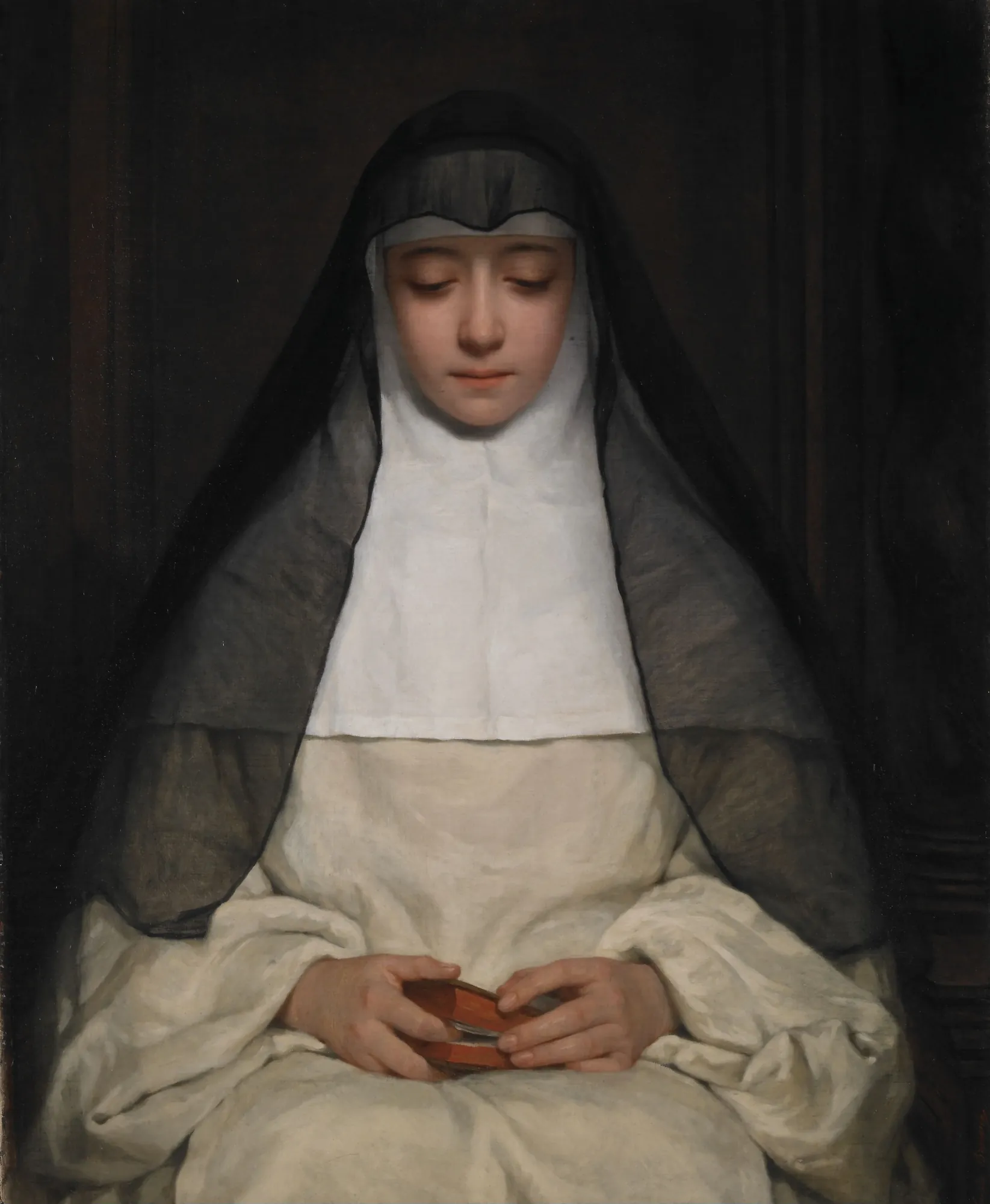 La Religieuse (A Nun) La Religieuse (A Nun) by Henriette Browne. A contemplative portrait of a nun with downcast eyes wearing a black veil and white habit, holding a small book in her hands.