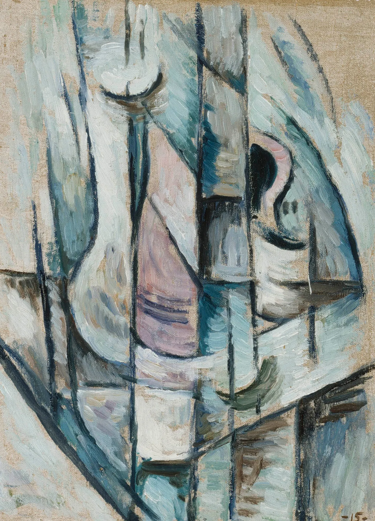 Cubist Still Life Cubist Still Life by Ilmari Aalto. A cubist arrangement of fragmented geometric forms in shades of blue, white, and muted pink, intersected by bold dark lines.