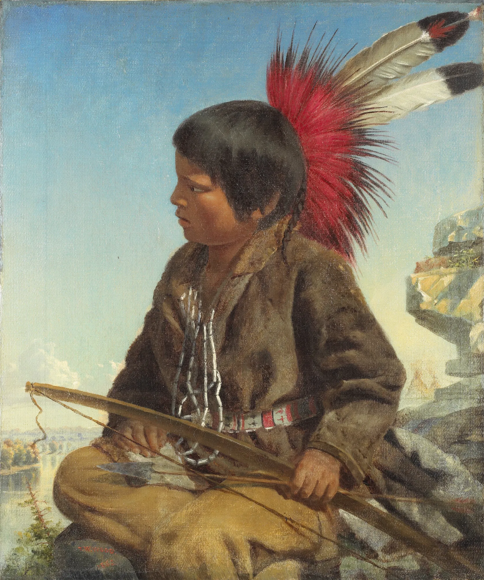 Indian Boy at Fort Snelling Indian Boy at Fort Snelling by Thomas Waterman Wood. A profile portrait of a young Indigenous boy wearing a fur coat and a vibrant red feathered headdress, holding a bow and arrows against a river landscape.