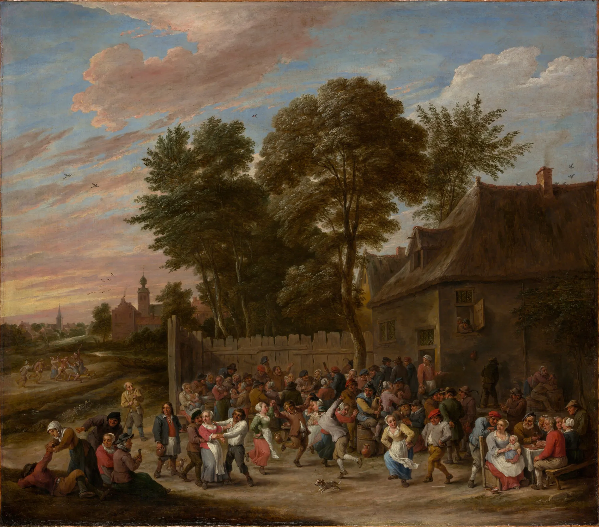 Peasants Dancing and Feasting Peasants Dancing and Feasting by David Teniers the Younger. A large crowd of villagers gathers outside a rustic thatched cottage to dance, eat, and drink under an expansive late-afternoon sky.