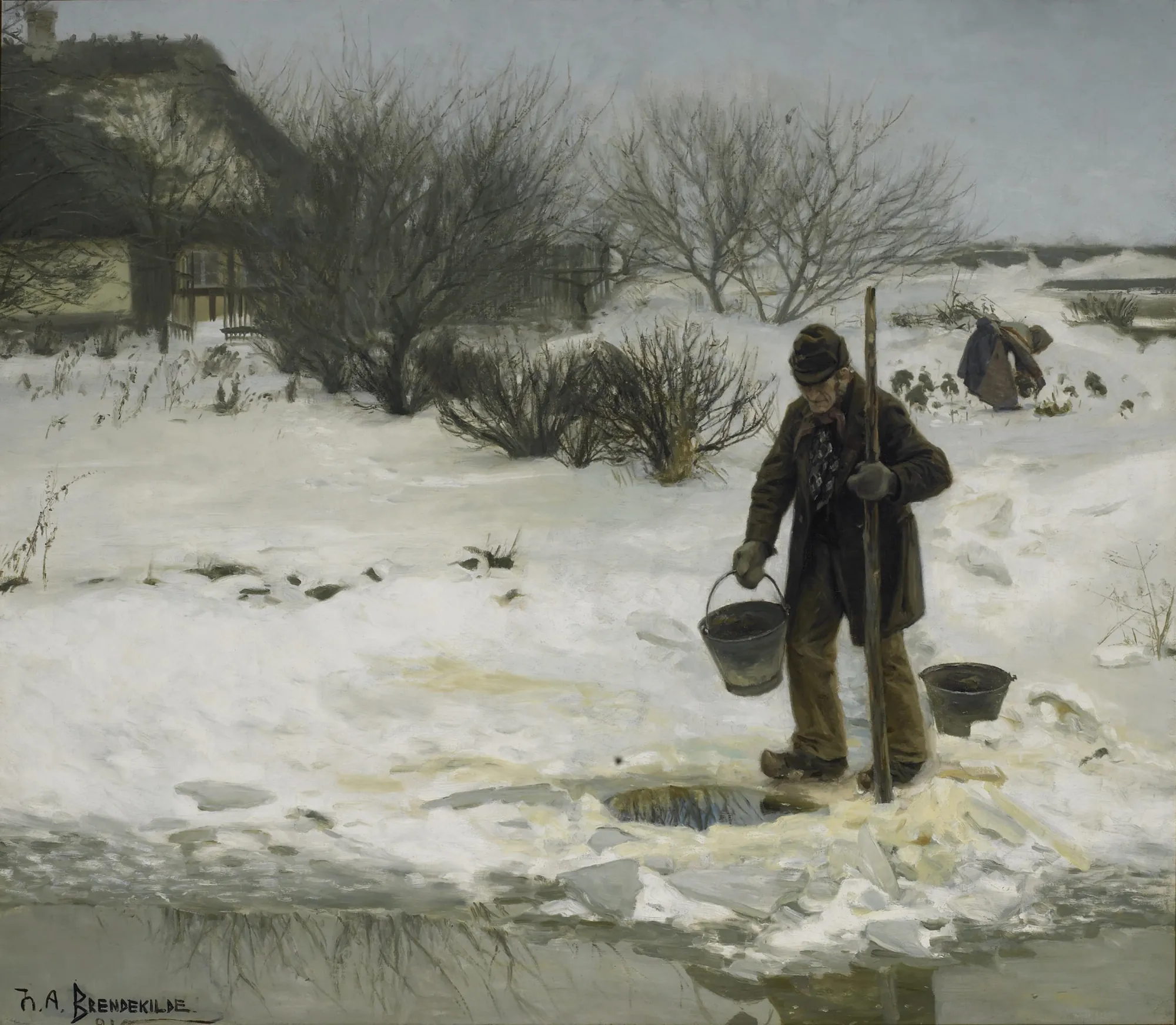 Tøsne (Thaw) Tøsne (Thaw) by H. A. Brendekilde. An elderly man in winter attire stands in a snowy field beside a hole in the ice, holding a bucket and a staff.