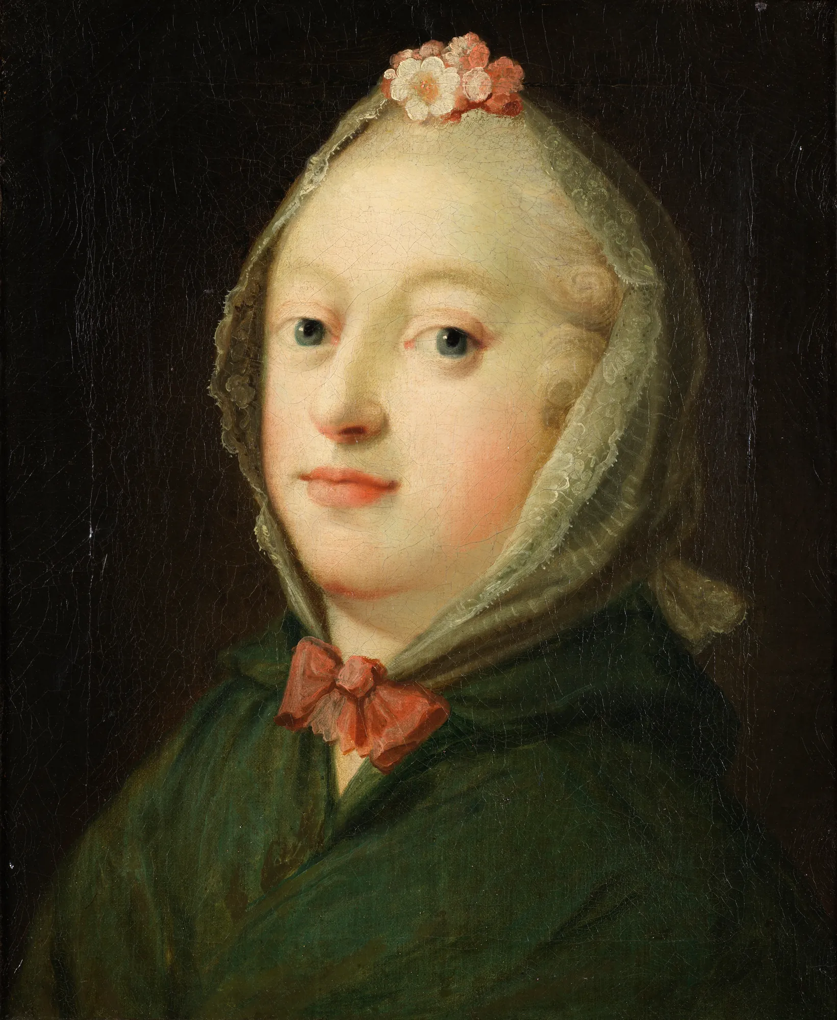 Louise, Queen of Denmark Louise, Queen of Denmark by Carl Gustaf Pilo. A Rococo-style oil portrait of Queen Louise of Denmark wearing a delicate lace hood and a dark green mantle against a dark background.