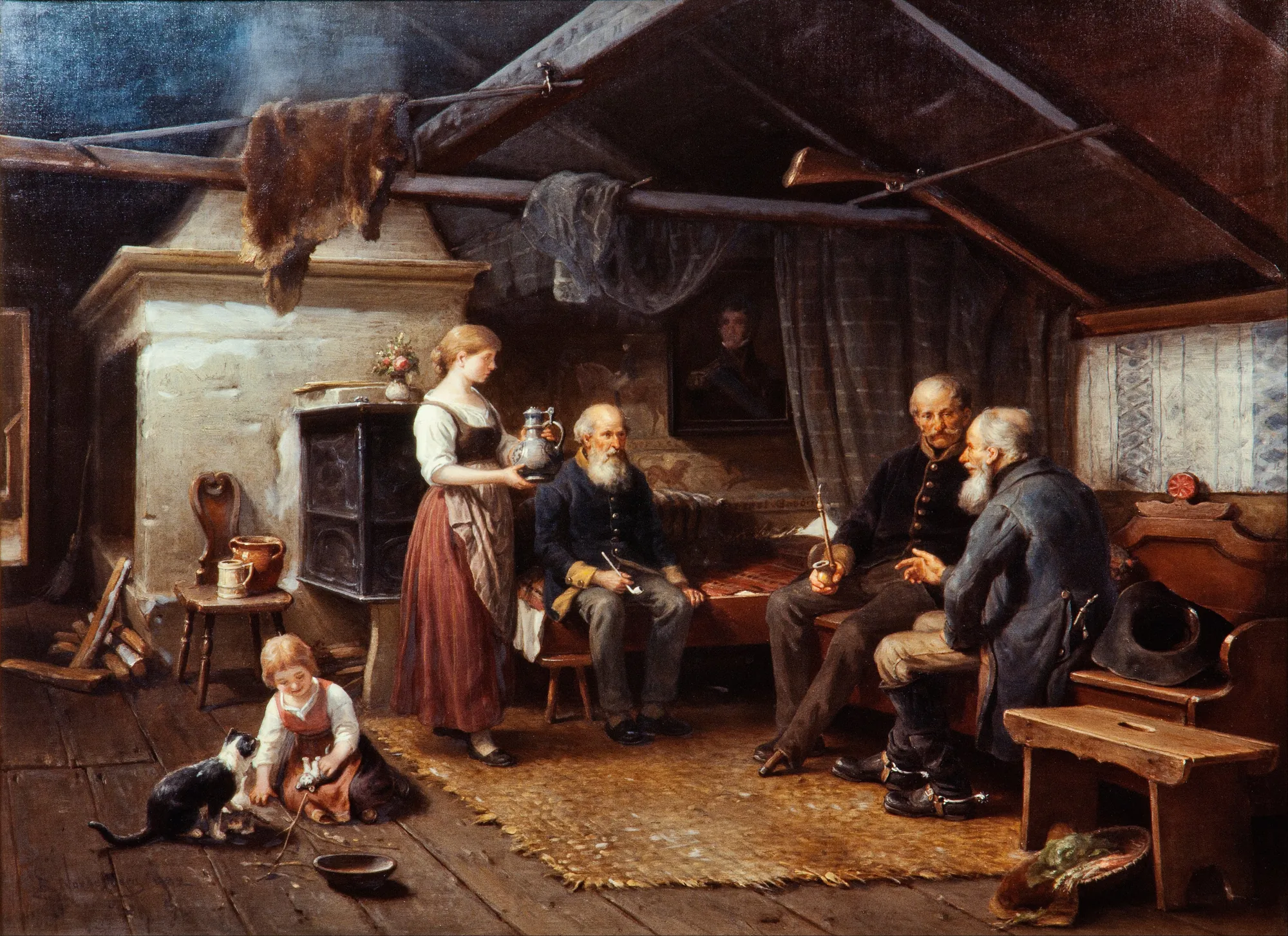 The Veterans The Veterans by Bengt Nordenberg. An oil painting of three elderly veterans sitting in a rustic wooden interior, being served drink by a woman while a child plays with a cat on the floor.