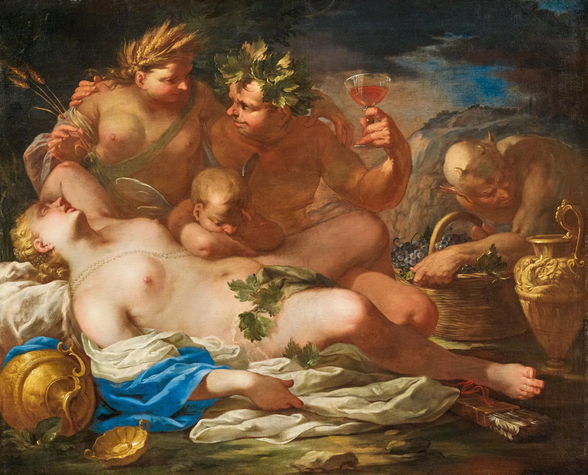 Sine Cerere et Baccho Friget Venus Sine Cerere et Baccho Friget Venus by Federico Cervelli. A mythological allegory featuring Venus reclining while Ceres, Bacchus, and Cupid attend to her, set against a dark, atmospheric landscape.