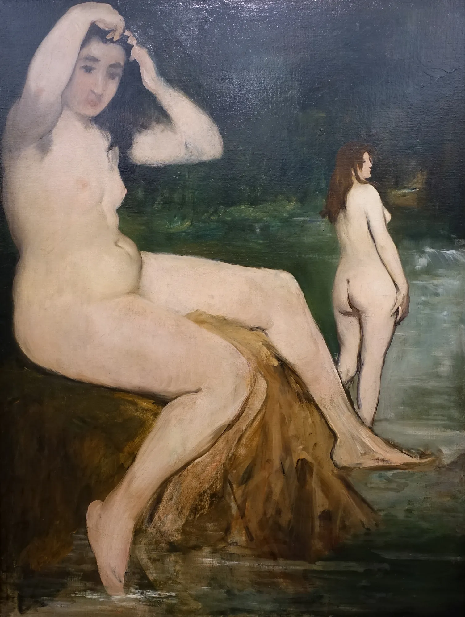 Bathers on the Seine Bathers on the Seine by Édouard Manet. Two nude figures are depicted by a river, with one seated in the foreground adjusting her hair and another standing in the distance.