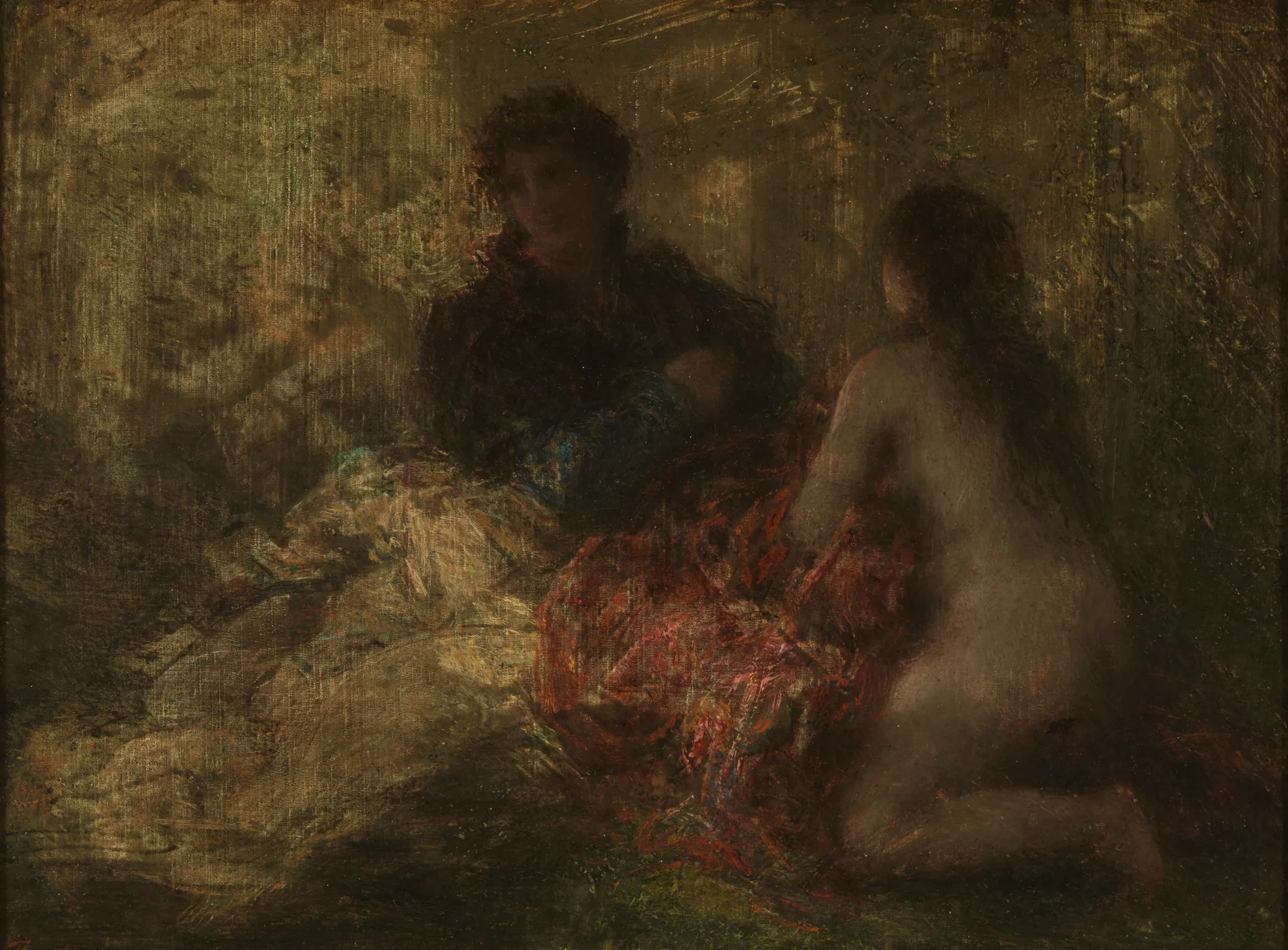 Fantasie Fantasie by Henri Fantin-Latour. A contemplative scene depicting two figures in a dimly lit, atmospheric landscape, with a partially nude female figure seen from the back in the foreground.