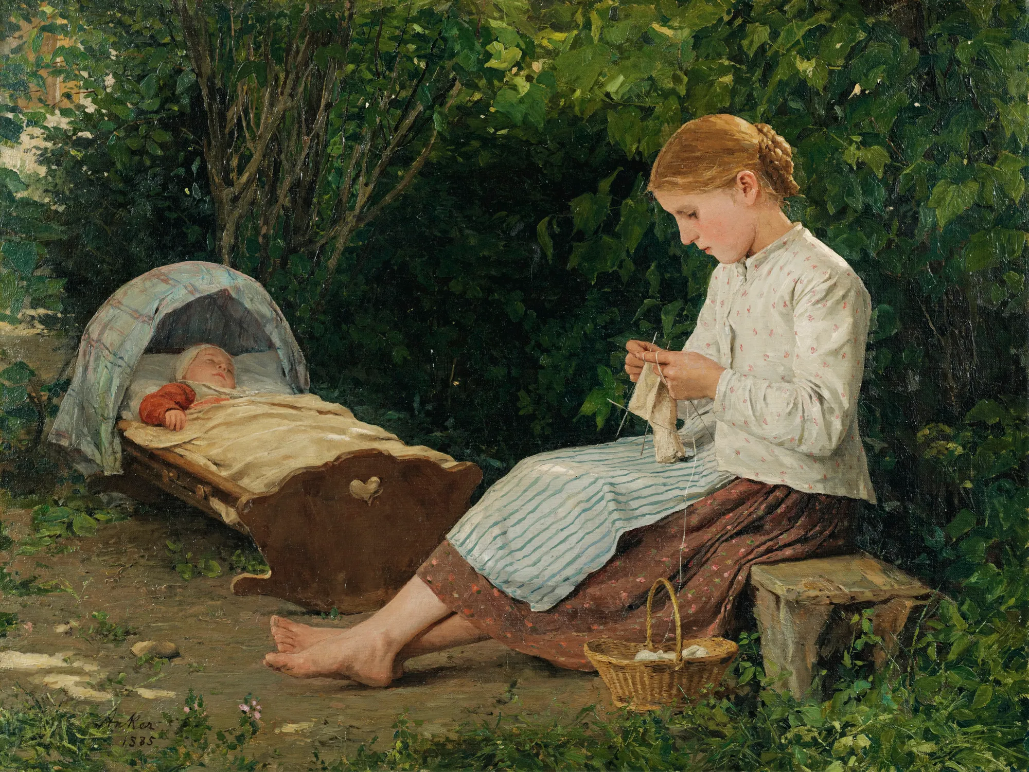 Knitting Girl Watching the Toddler in a Cradle