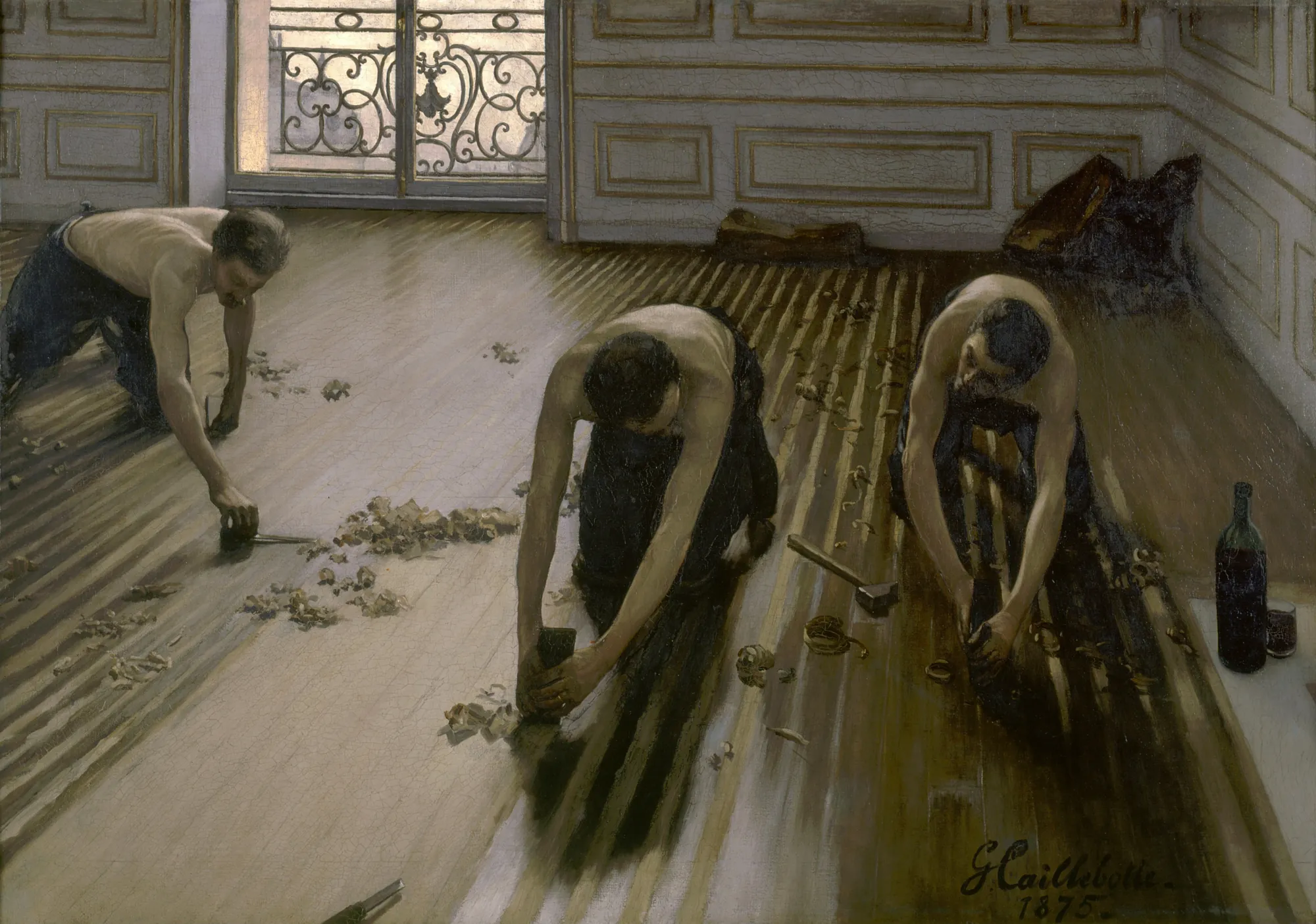 The Floor Scrapers (Les raboteurs de parquet) The Floor Scrapers (Les raboteurs de parquet) by Gustave Caillebotte. Three shirtless men are seen from a high angle, kneeling on a wooden floor and scraping it in a bright, high-ceilinged room with an ornate balcony window.