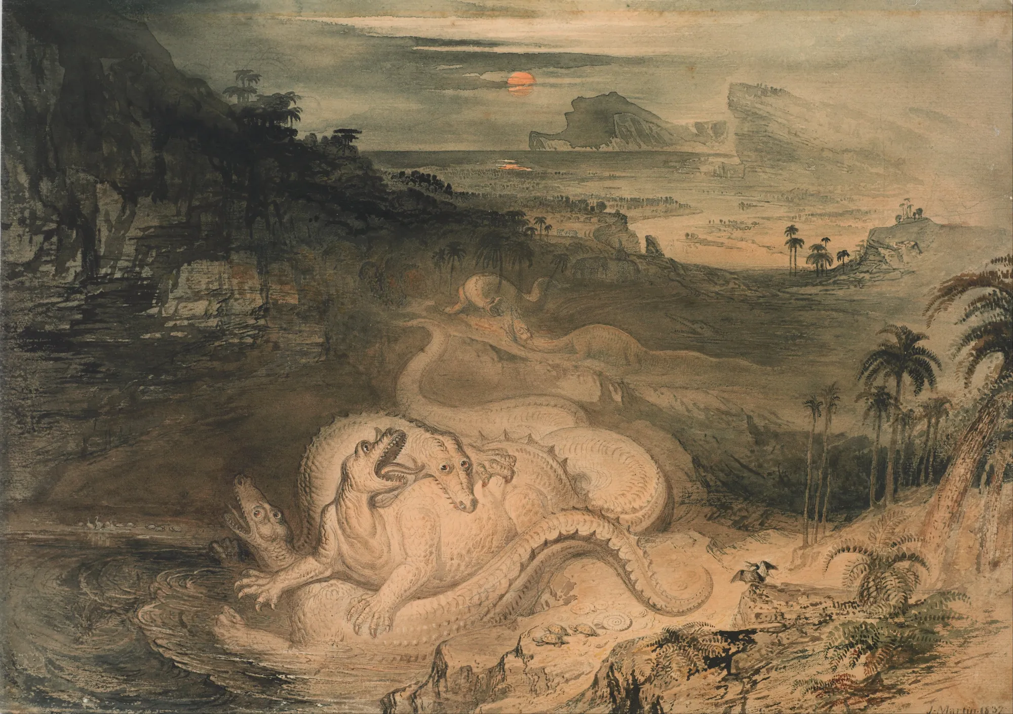 The Country of the Iguanodon The Country of the Iguanodon by John Martin. A dramatic 19th-century landscape depicting prehistoric reptiles fighting in a vast, primeval valley under a hazy setting sun.