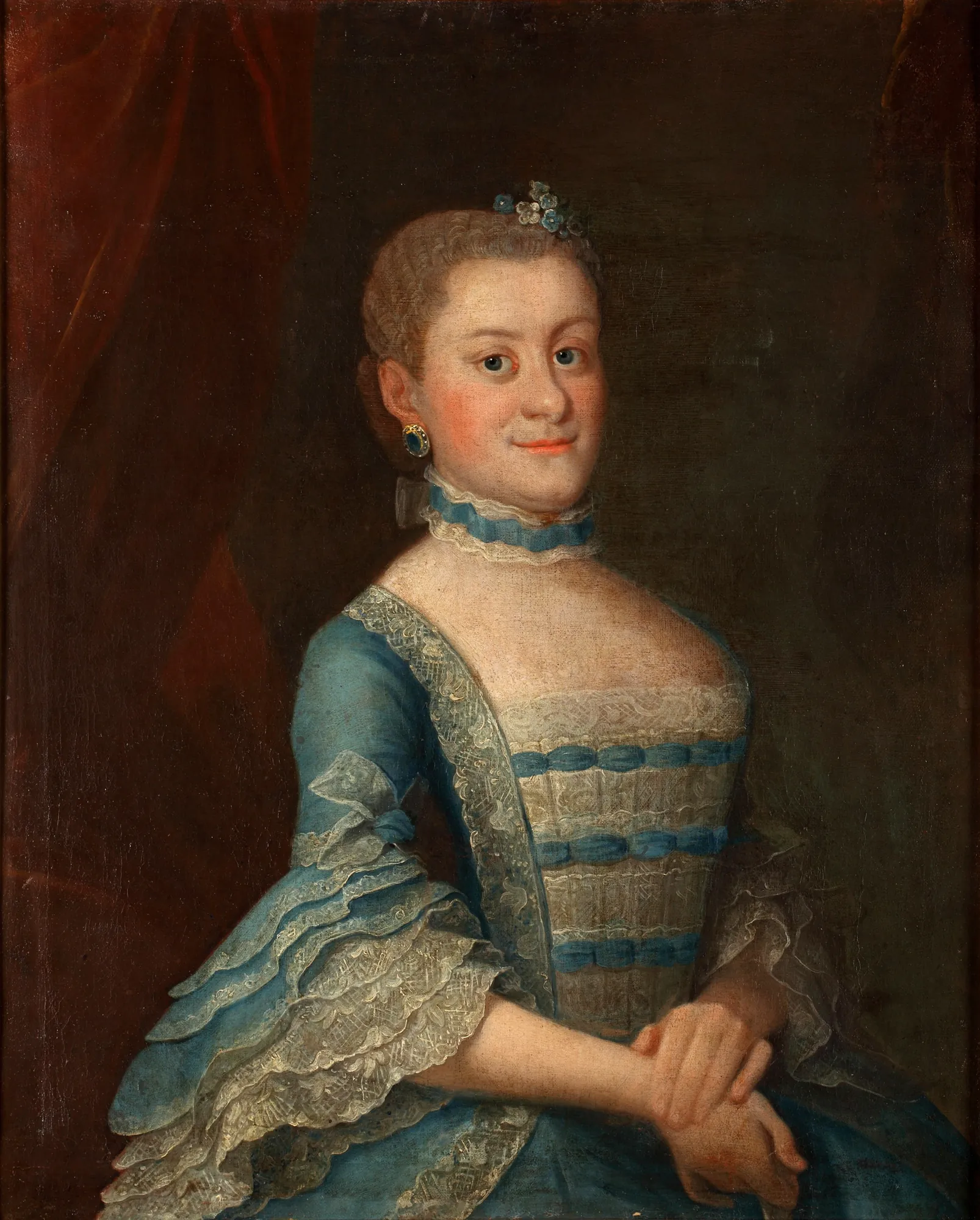 Tereza Karalina Radzivił Tereza Karalina Radzivił by Unknown Artist. A mid-18th-century oil portrait of a woman wearing an ornate blue and white lace dress with a blue ribbon choker and a flower in her hair.
