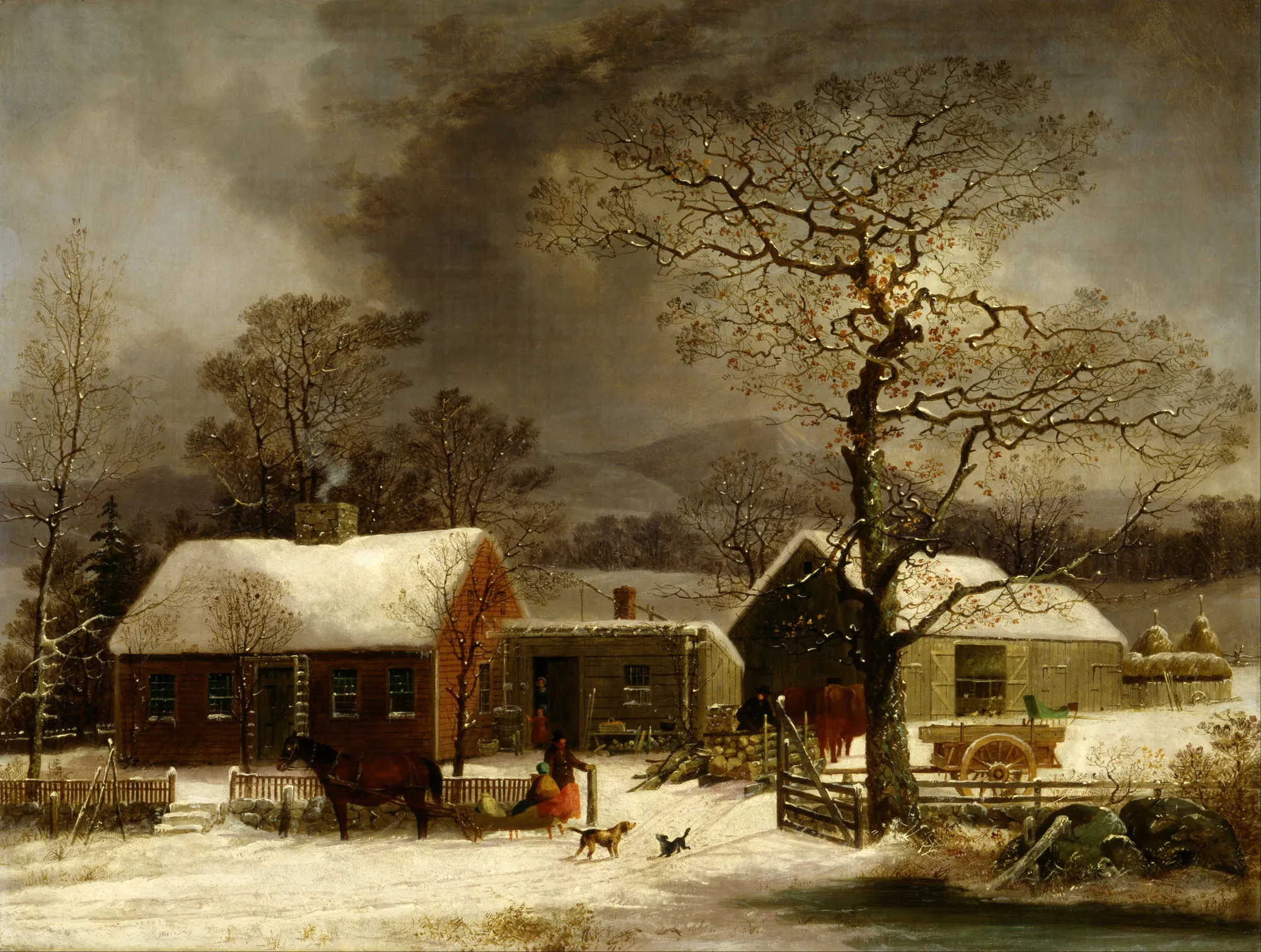 Winter Scene in New Haven, Connecticut Winter Scene in New Haven, Connecticut by George Henry Durrie. A snow-covered farmhouse and barn sit beneath a heavy, clouded sky as people prepare a horse-drawn sleigh in a rural landscape.