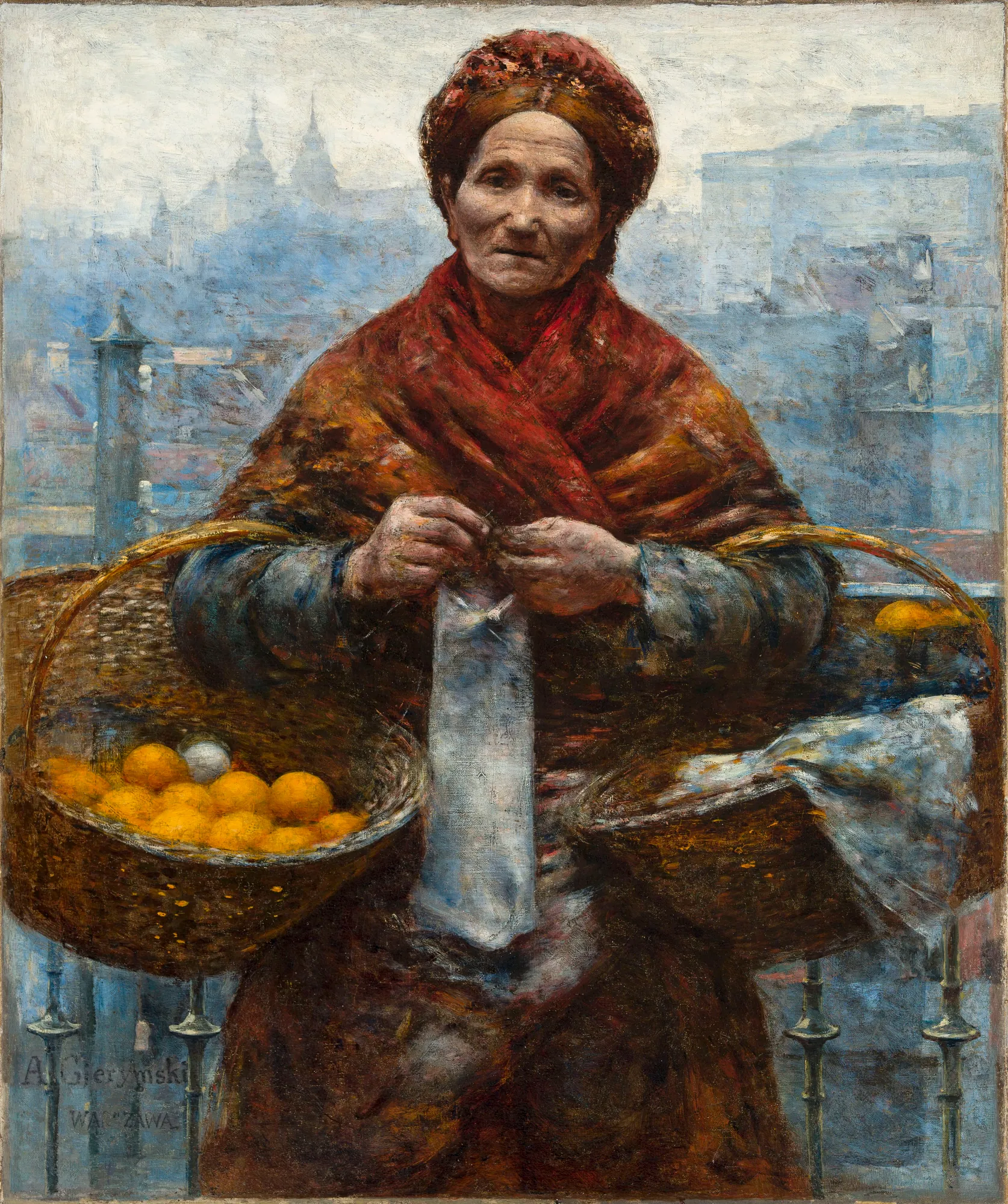 The Orange Seller (Jewess with Oranges) The Orange Seller (Jewess with Oranges) by Aleksander Gierymski. An elderly woman stands holding two large baskets filled with bright oranges against a misty, urban background.