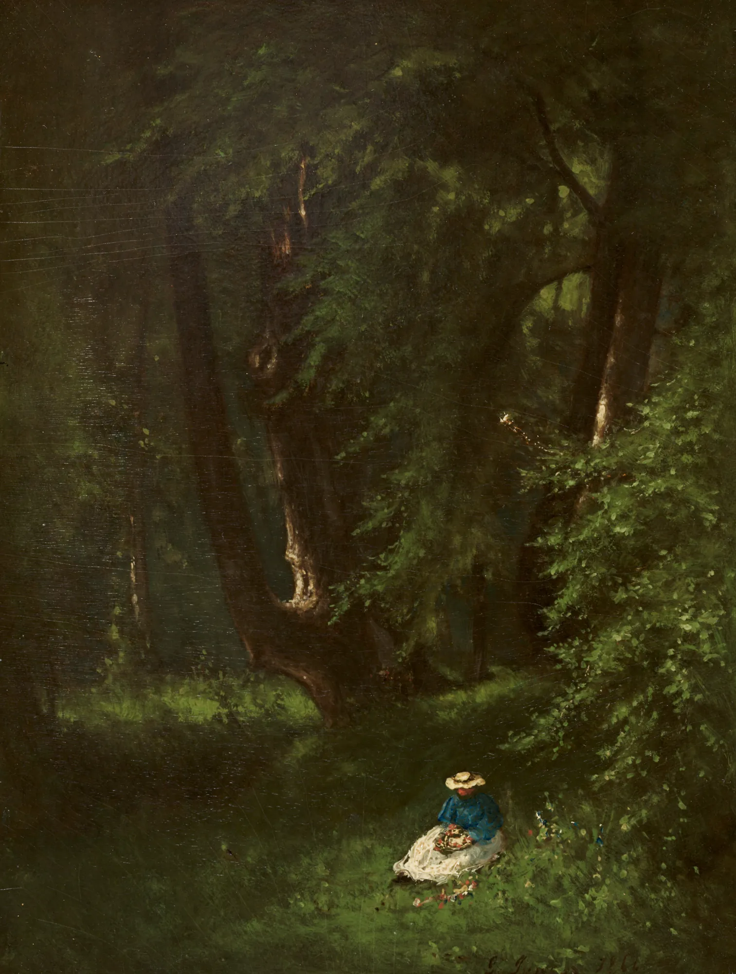 In the Woods In the Woods by George Inness. A woman in a white dress and blue bodice sits in a sun-dappled clearing surrounded by towering dark trees.