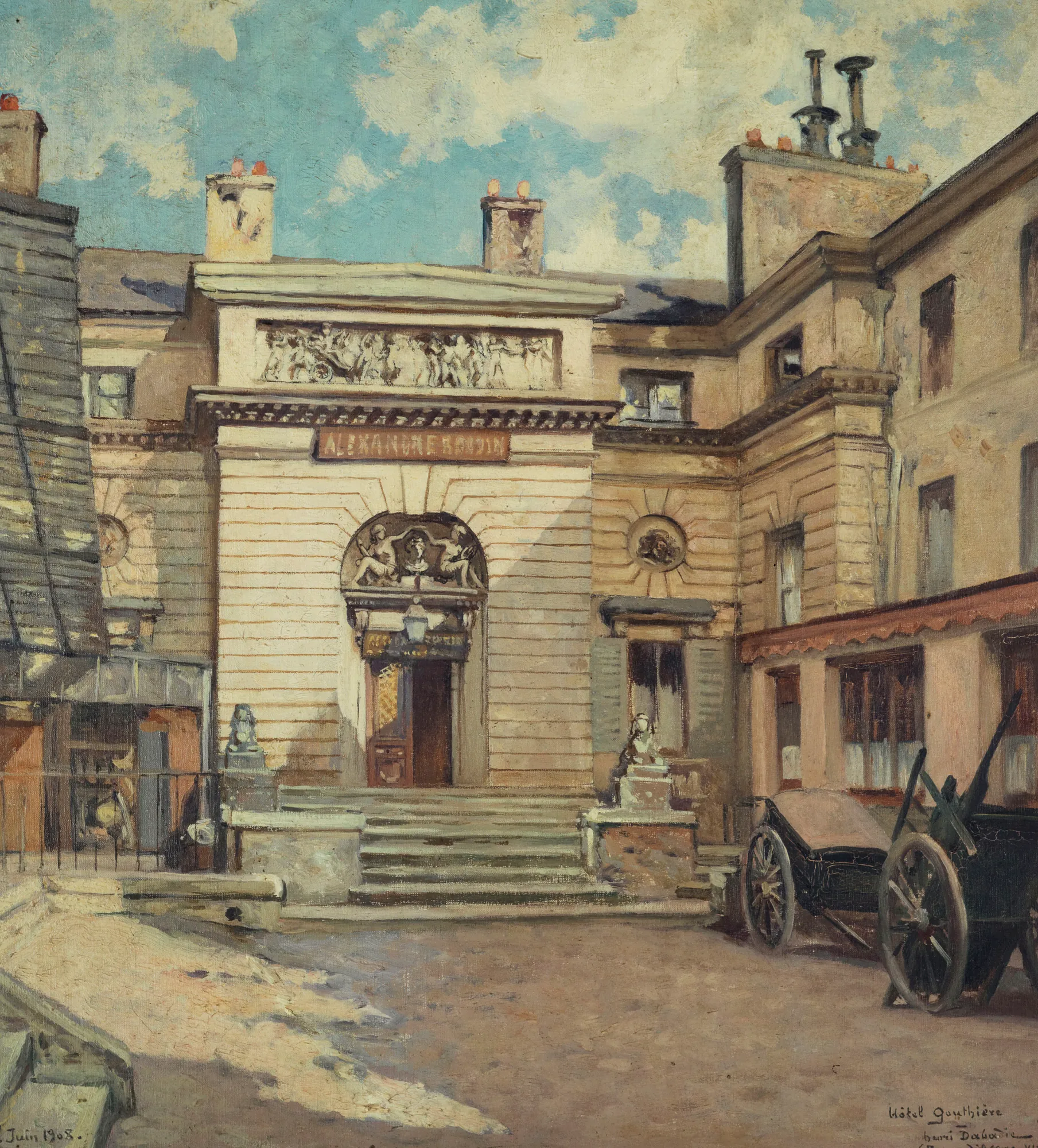 La Cour de l'Hôtel Gouthière, Paris La Cour de l'Hôtel Gouthière, Paris by Henri Dabadie. An impressionistic oil painting depicting a sunlit stone courtyard in Paris, featuring a grand building with classical architectural details and a horse-drawn carriage.