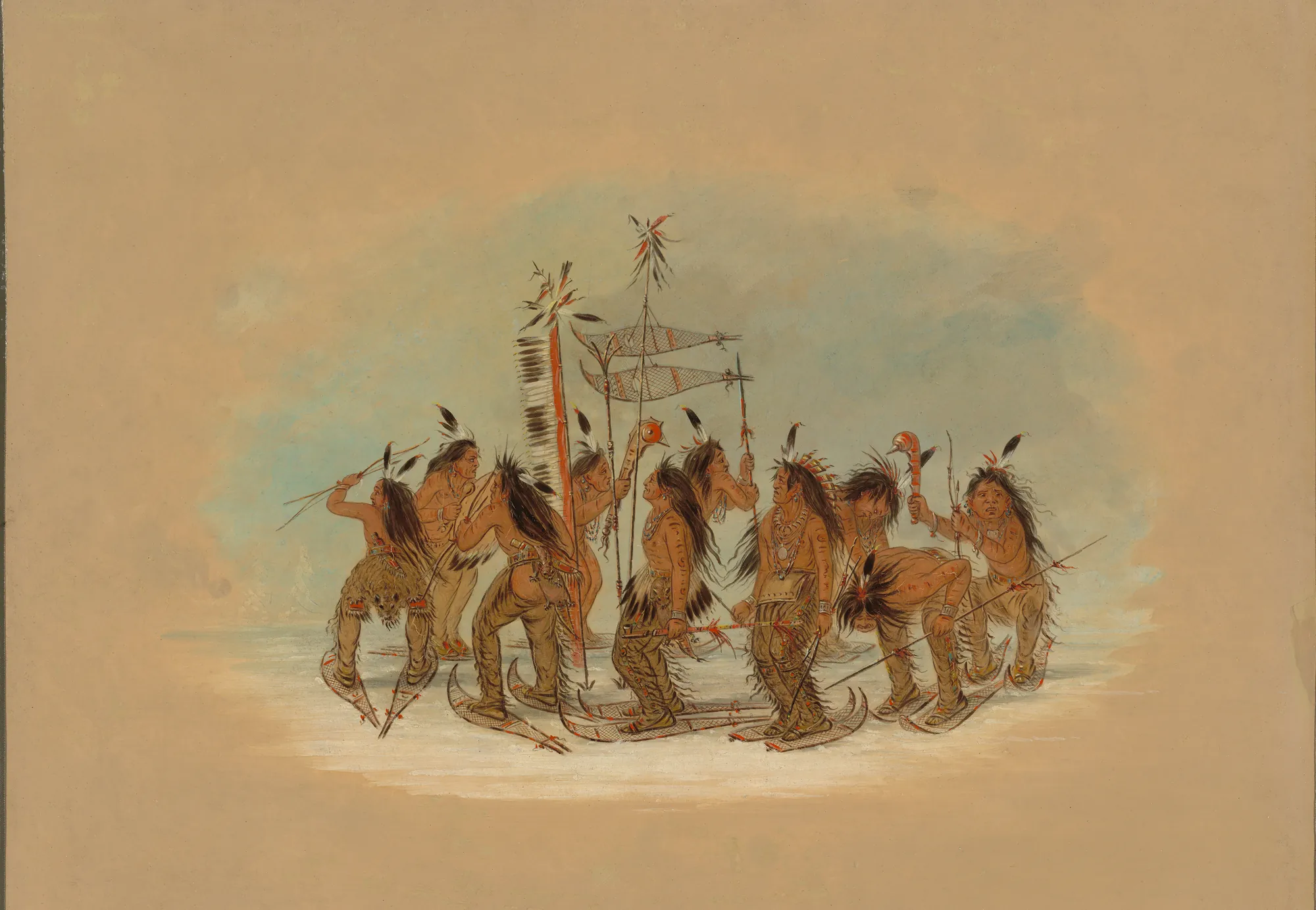 Snow Shoe Dance - Ojibbeway Snow Shoe Dance - Ojibbeway by George Catlin. A group of Indigenous men in traditional dress and snowshoes perform a rhythmic dance together in an open, atmospheric landscape.