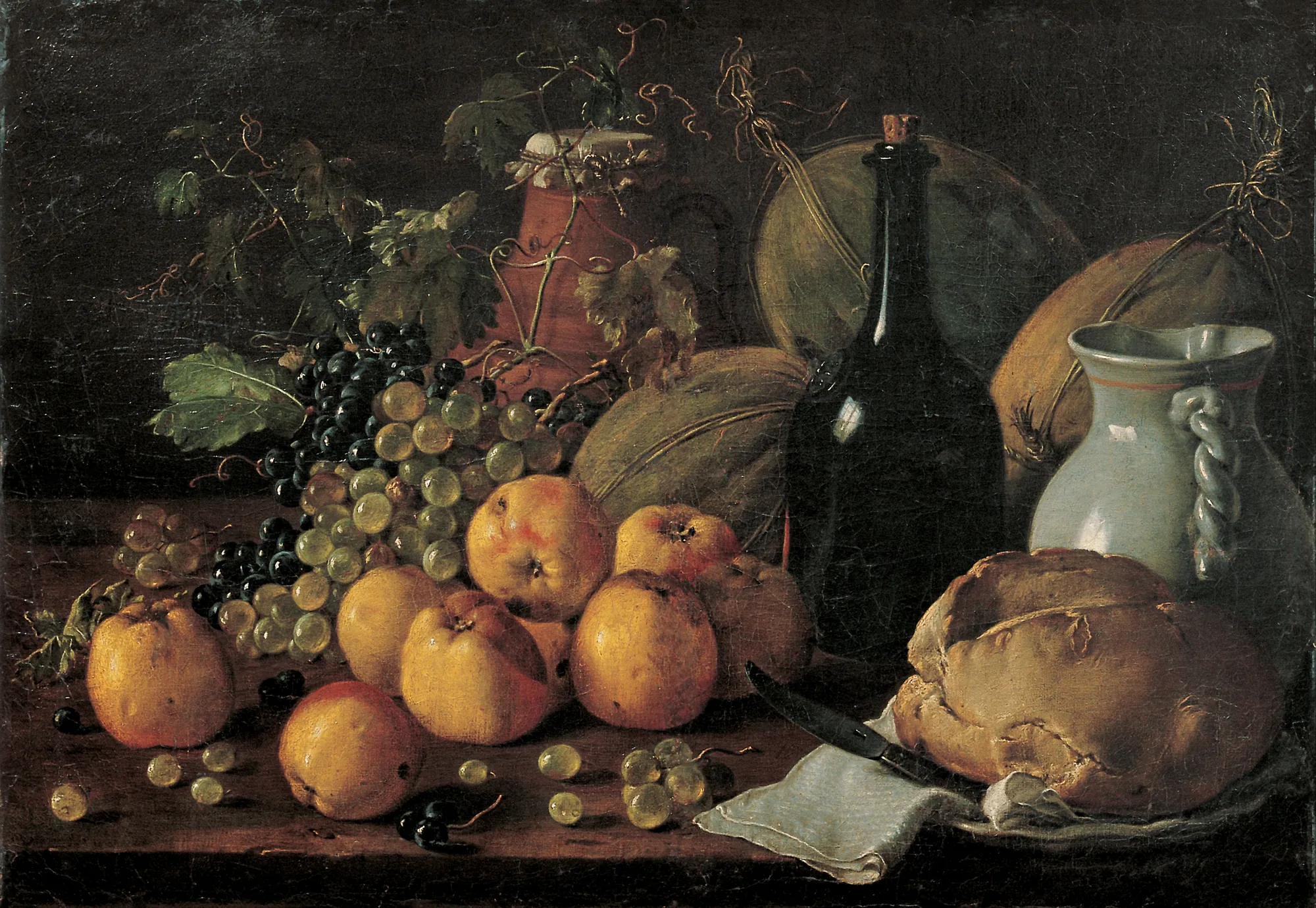 Still Life with Apples, Grapes, Melons, Bread, Jug and Bottle