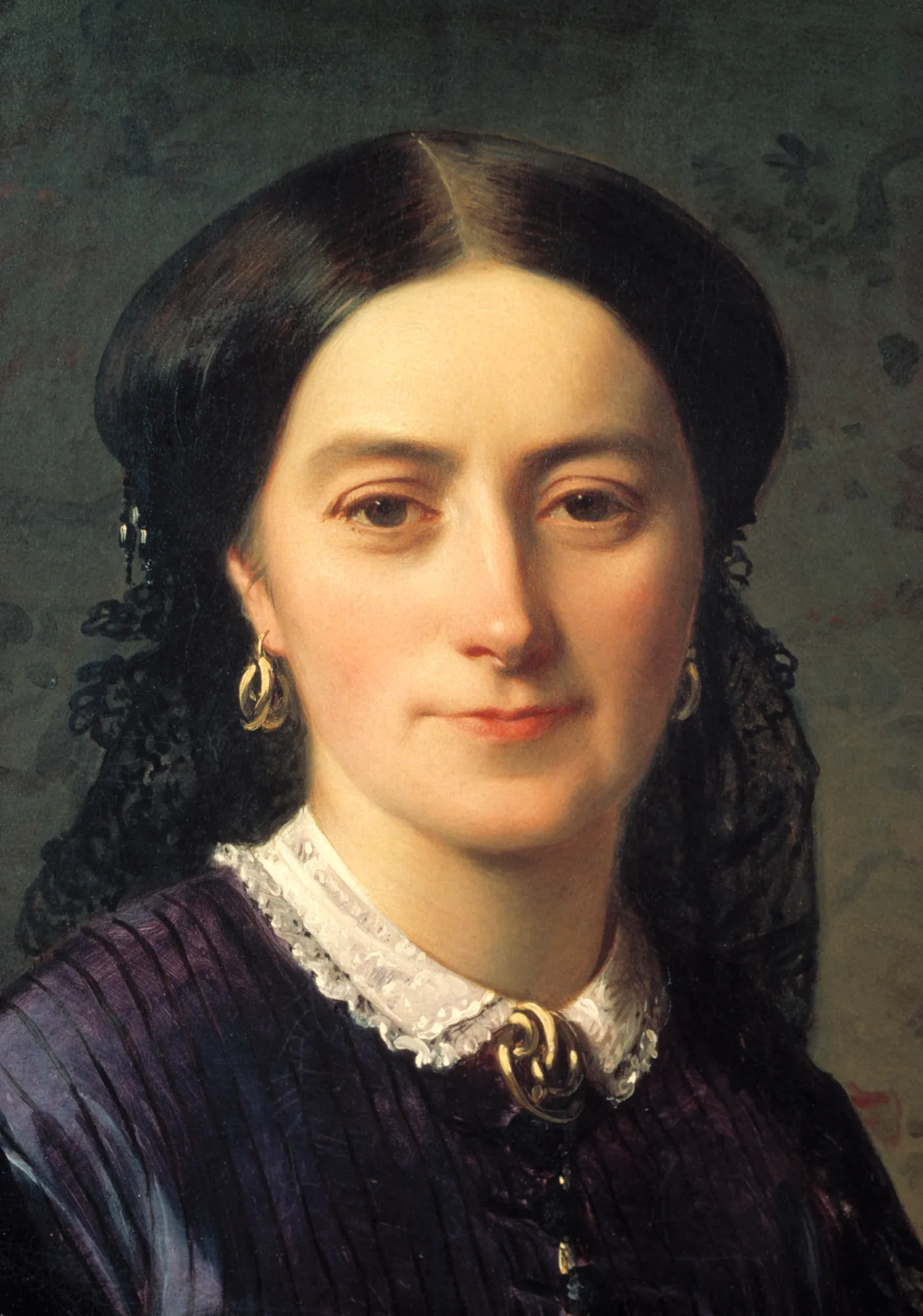 Johanna Kempe Johanna Kempe by Charles-Édouard Boutibonne. A close-up oil portrait of a woman with dark hair, gold earrings, and a purple dress with a white lace collar.