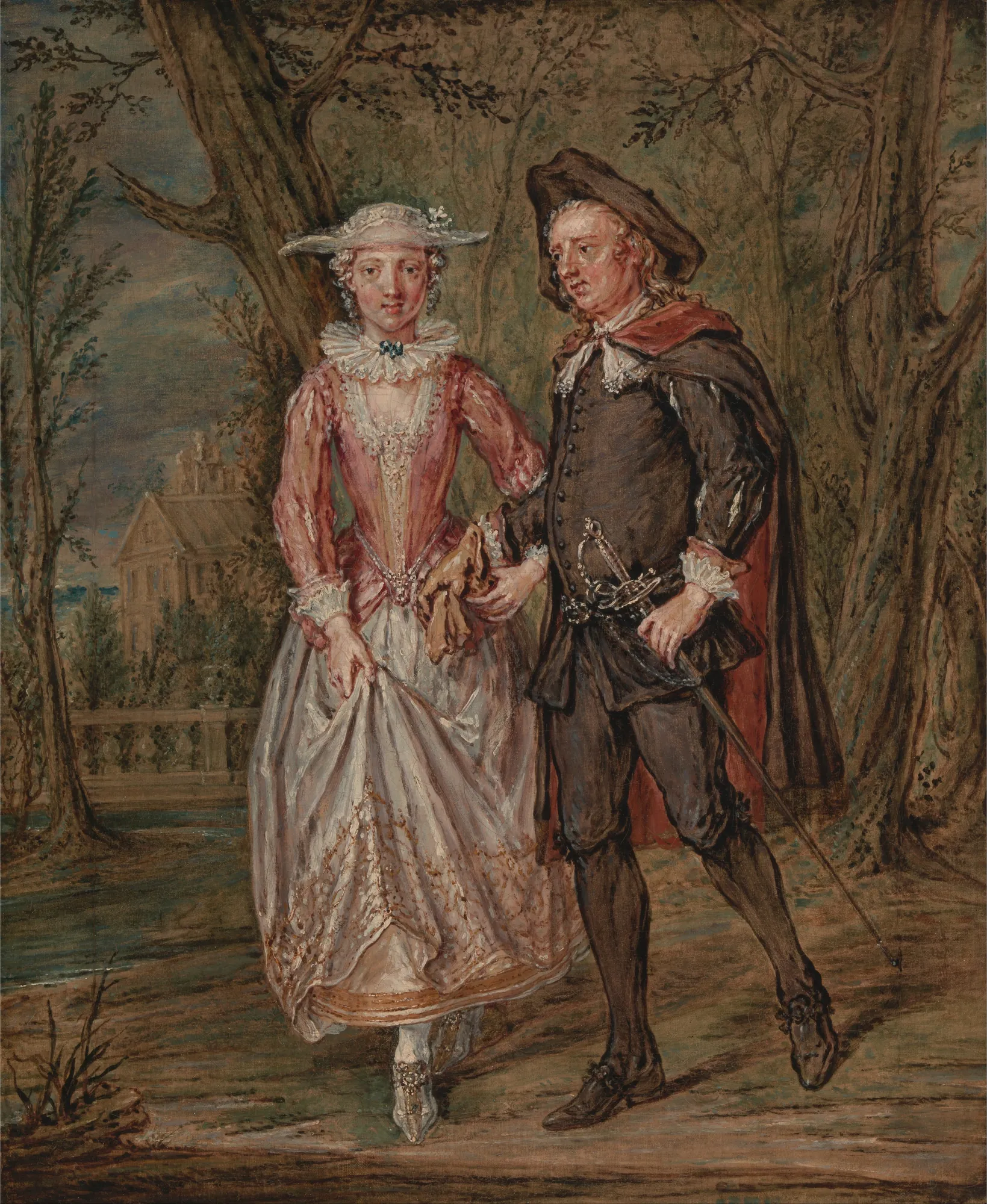 Lovers in a Park Lovers in a Park by Marcellus Laroon the Younger. A man and woman in elegant 18th-century attire walk through a wooded park with a stately home in the background.