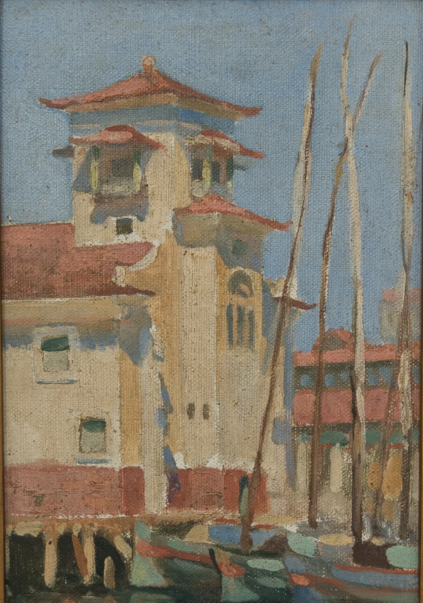 Antigo Pavilhão da Polícia Marítima Antigo Pavilhão da Polícia Marítima by Nicolau Del Negro. An impressionistic oil painting of a sunlit waterfront pavilion with a distinct red-roofed tower alongside the tall masts of sailing boats.