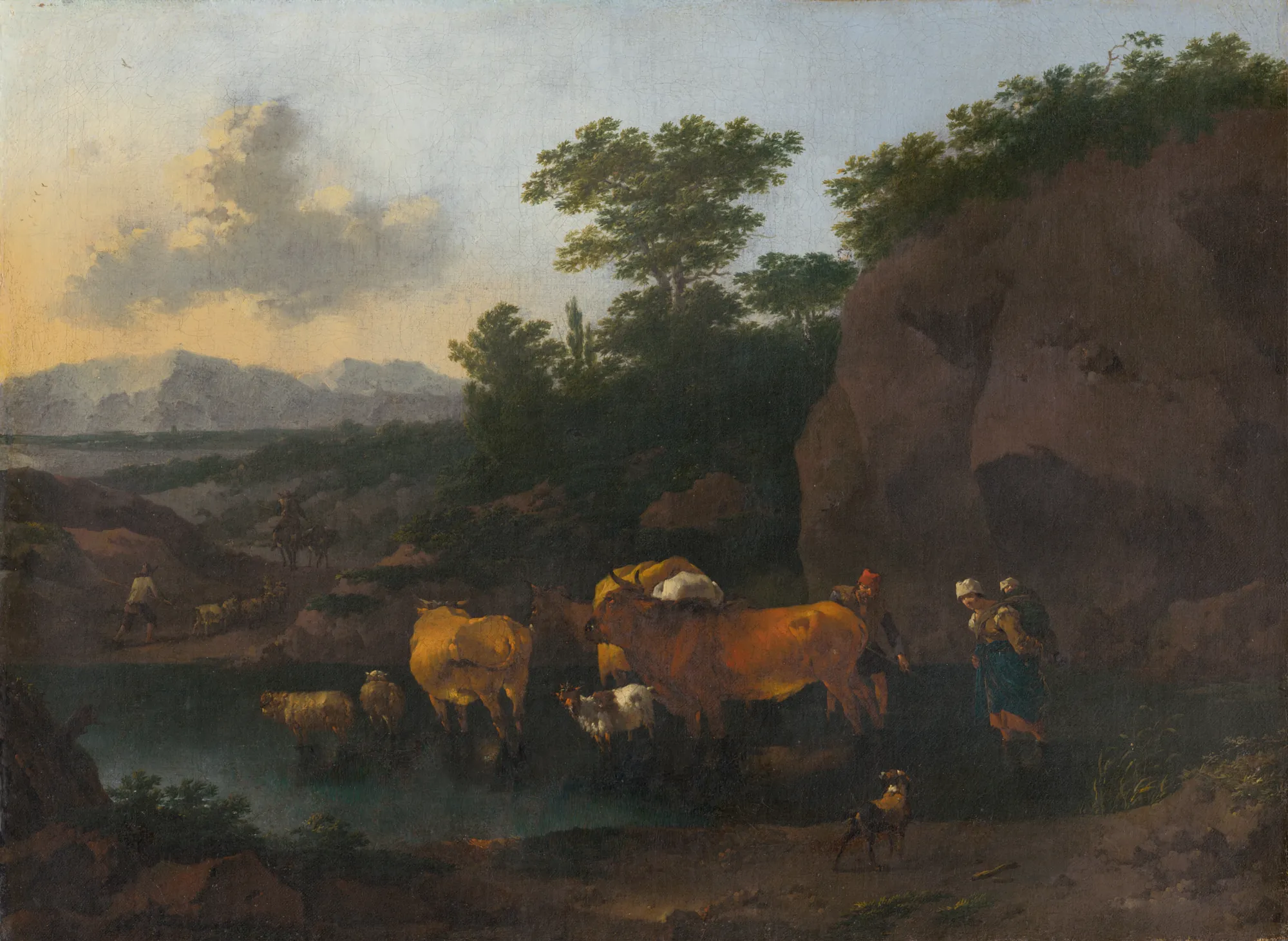 The Ford The Ford by Nicolaes Pieterszoon Berchem. A group of peasants and their livestock, including cattle and sheep, cross a shallow river at the base of a towering rocky cliff under a golden evening sky.