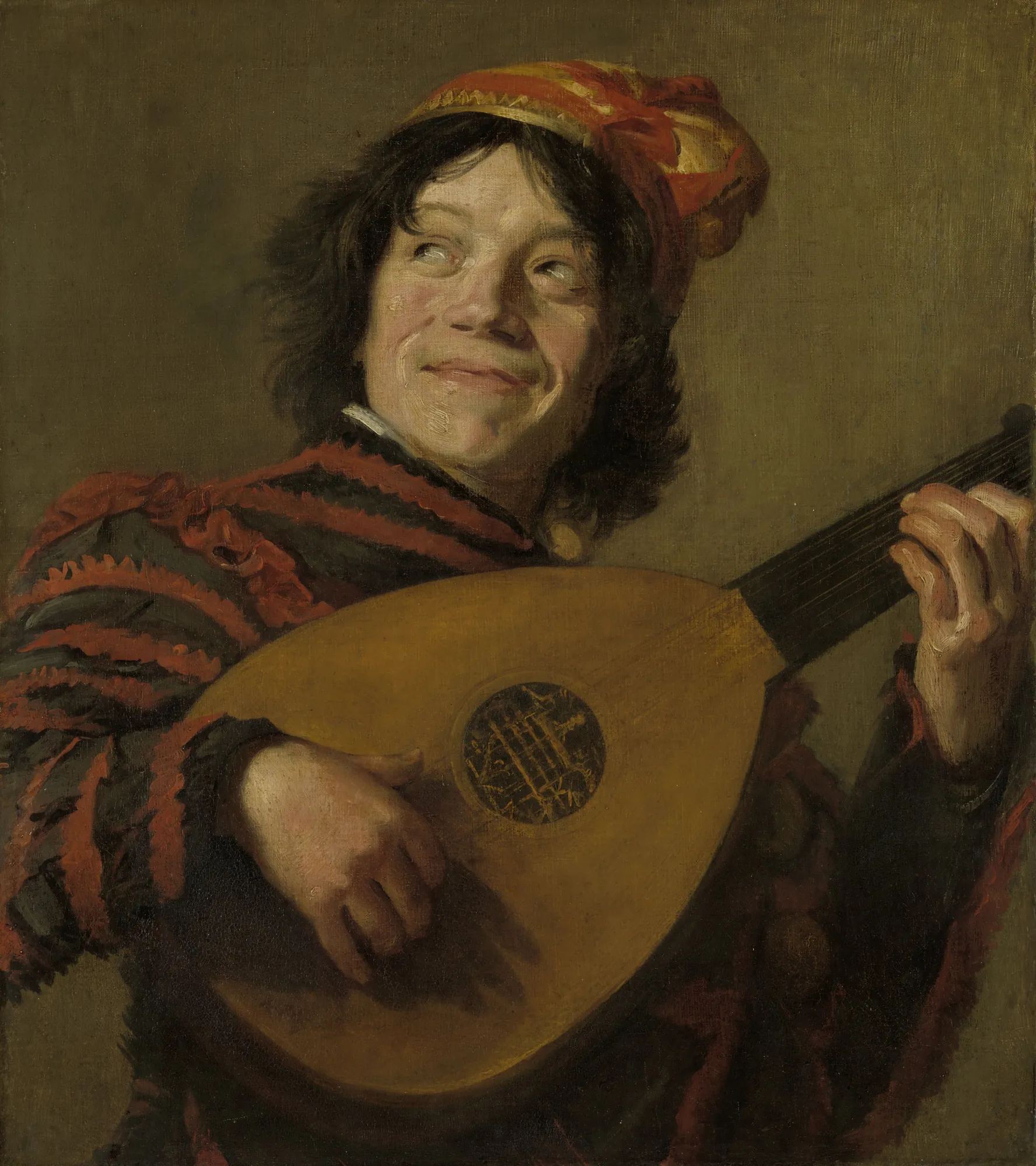 The Lute Player The Lute Player by Judith Leyster. A smiling man in a red and black striped doublet plays a lute while looking upward in a warm, dimly lit setting.