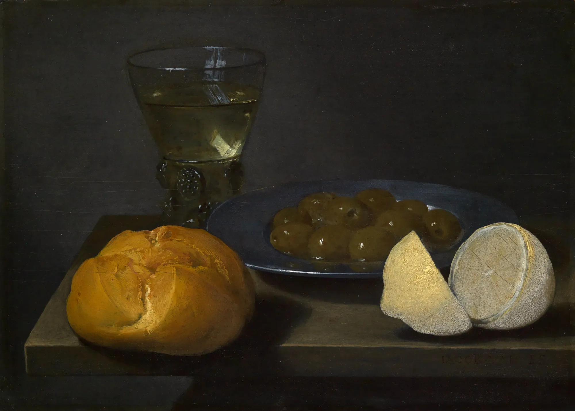 Still Life of Bread, Olives, Lemon, and Glassware