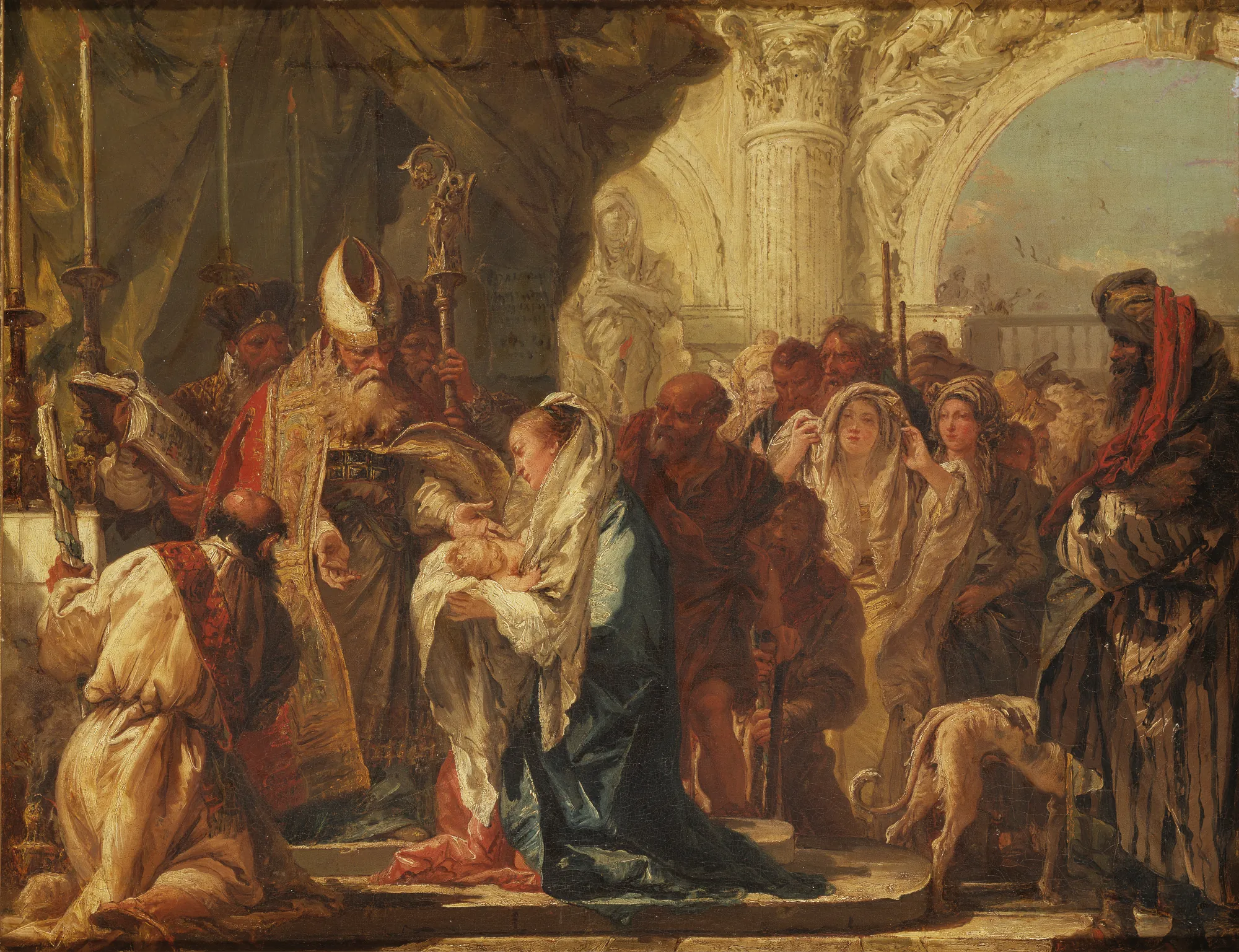 The Presentation in the Temple The Presentation in the Temple by Giovanni Domenico Tiepolo. A crowded biblical scene set within an ornate temple, featuring a high priest receiving the infant Jesus from Mary amidst a gathered throng.