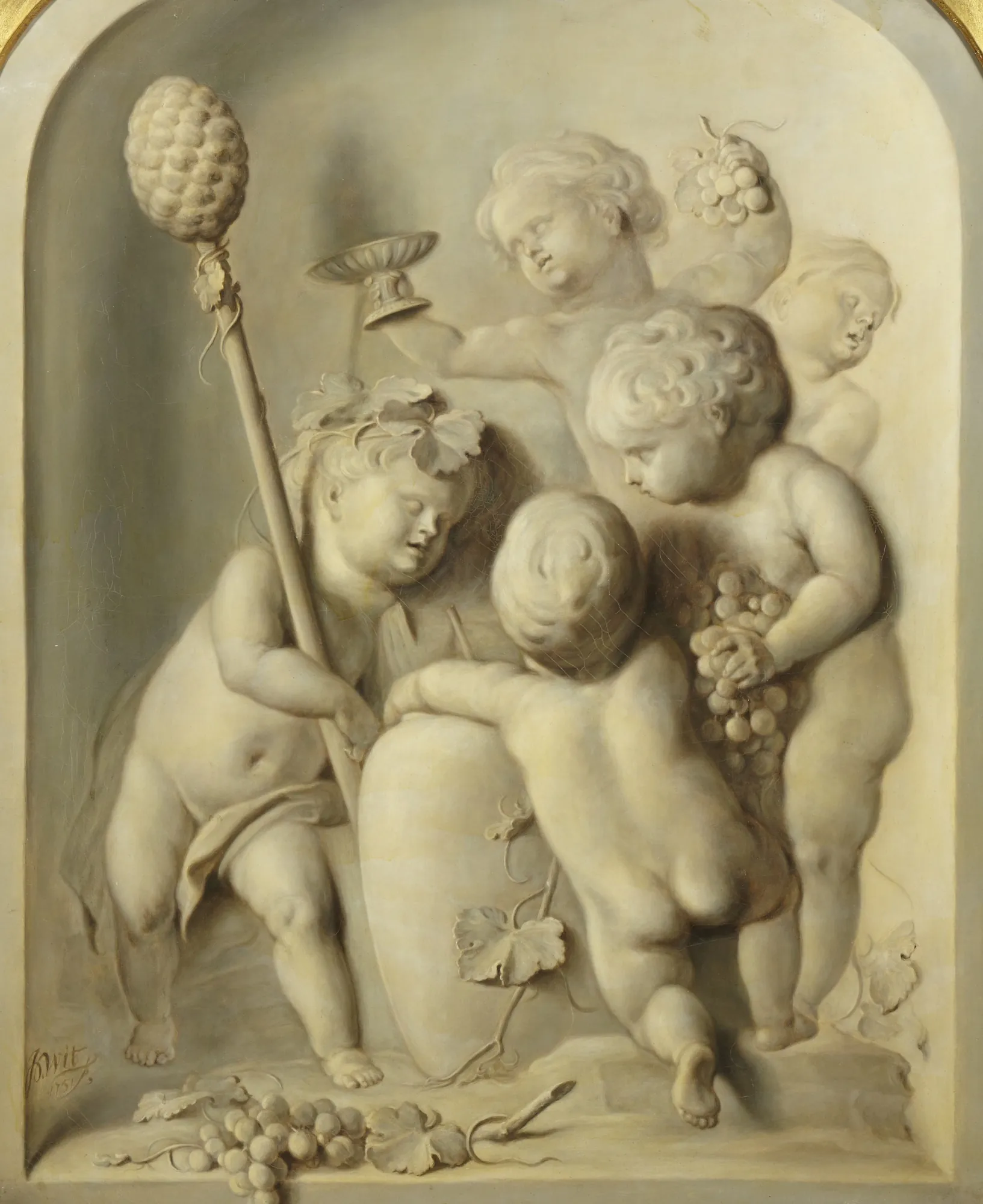 Autumn Autumn by Jacob de Wit. A monochromatic grisaille painting in trompe-l'oeil style showing five putti with harvest symbols including grapes and a thyrsus within a stone niche.