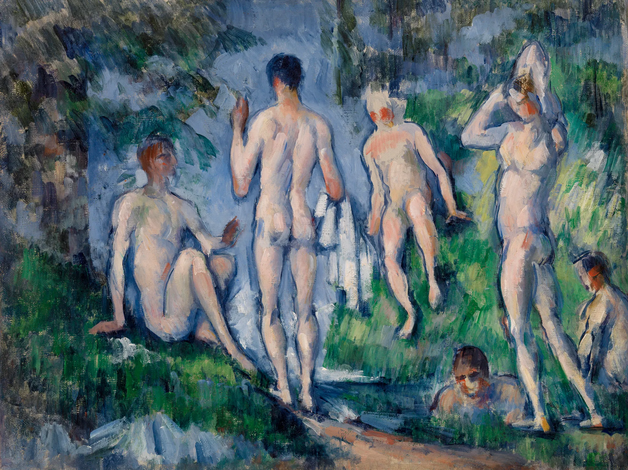 Group of Bathers (Groupe de baigneurs) Group of Bathers (Groupe de baigneurs) by Paul Cézanne. A collection of nude male figures is depicted in various poses within a wooded landscape near water, rendered with structural blue and green brushstrokes.